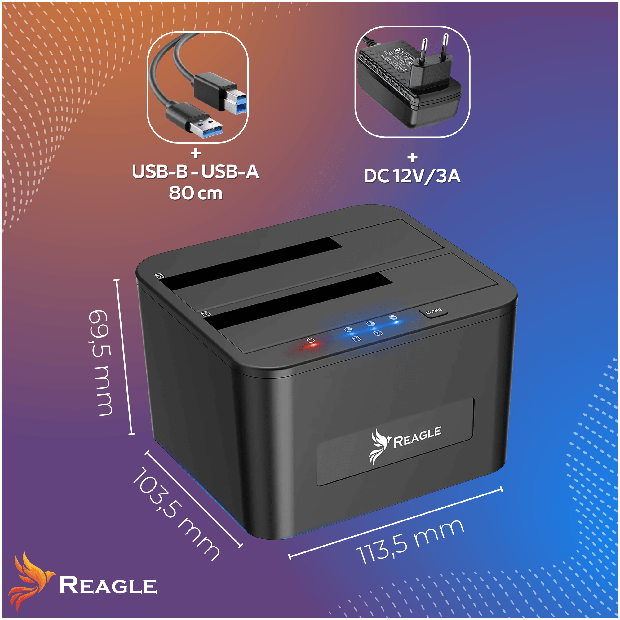 Czarna stacja dokująca do dysków Reagle z kablem USB i zasilaczem oraz wymiarami.