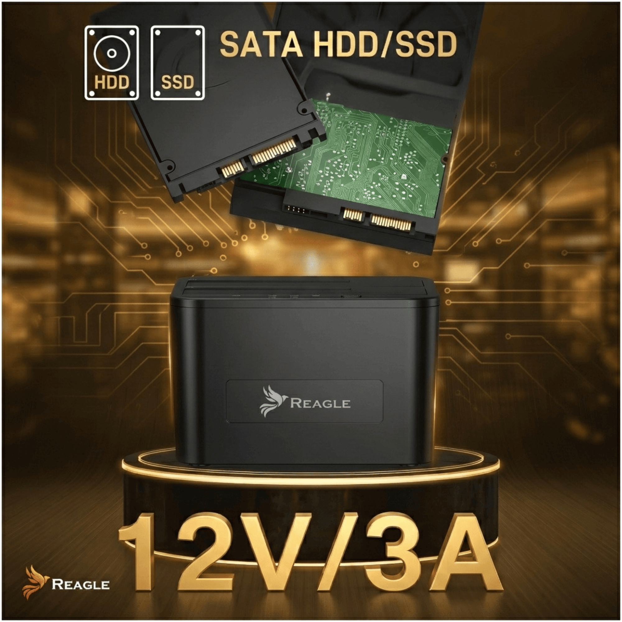 Czarna stacja dokująca Reagle SATA HDD/SSD na postumencie z napisem 12V/3A i unoszącymi się dyskami.