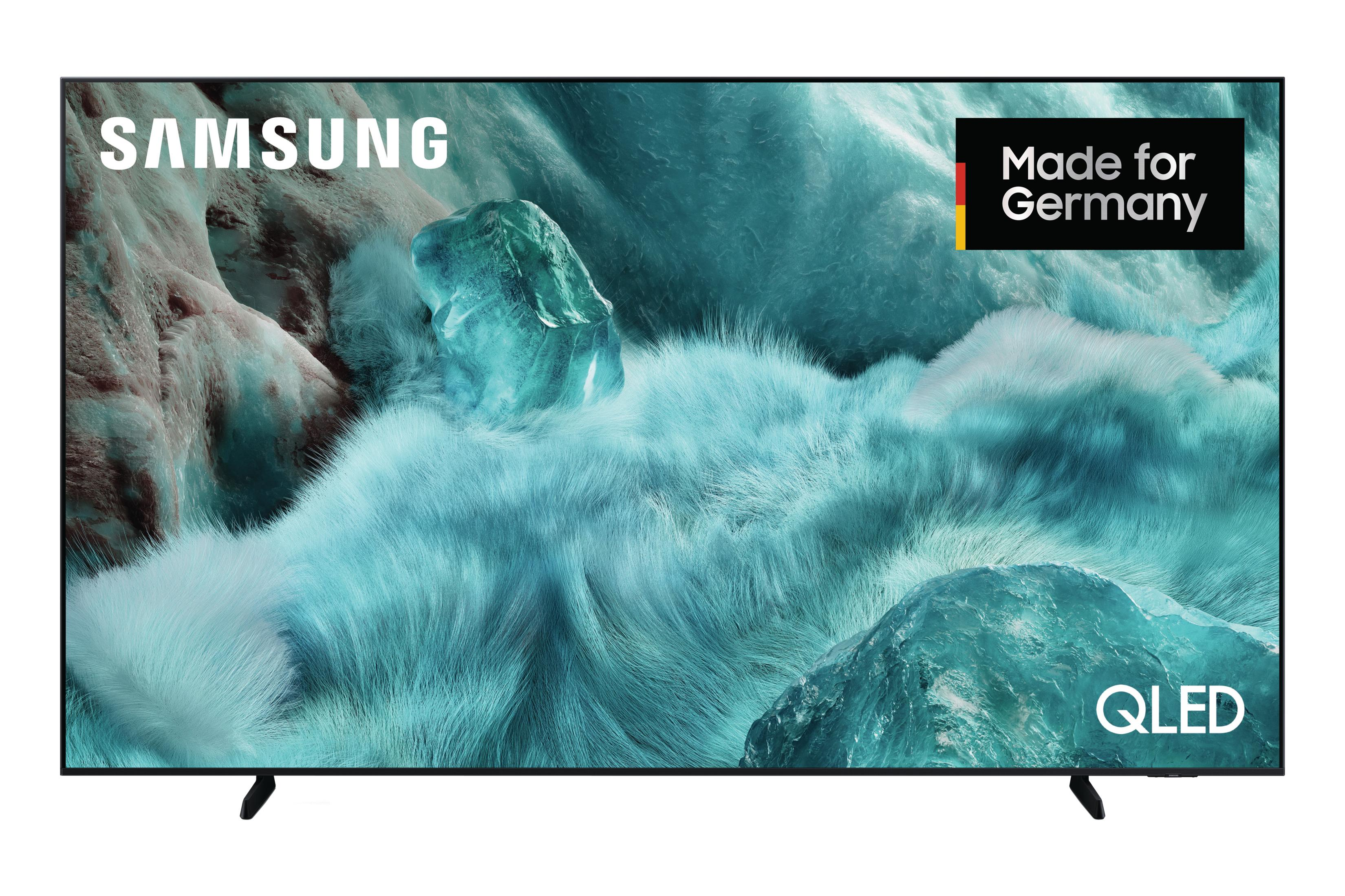 TV Samsung QLED con motivo in pelliccia blu e testo Made for Germany.