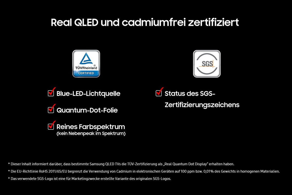 Dettagli di certificazione per schermi Real QLED e privi di cadmio con loghi TÜV Rheinland e SGS su sfondo nero.
