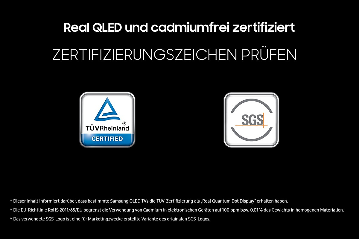 Due icone di certificazione per TÜV Rheinland e SGS su sfondo nero con testo in tedesco.