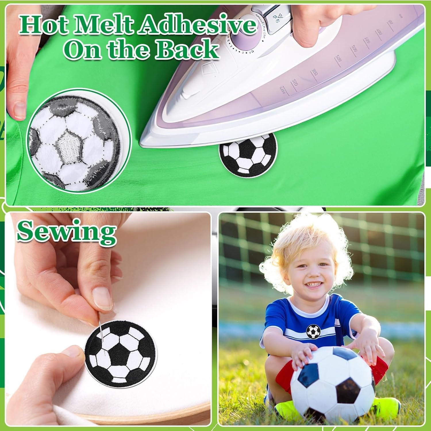 Ein Fußball-Aufnäher wird mit einem Bügeleisen auf Stoff geklebt, angenäht und von einem Kind getragen.