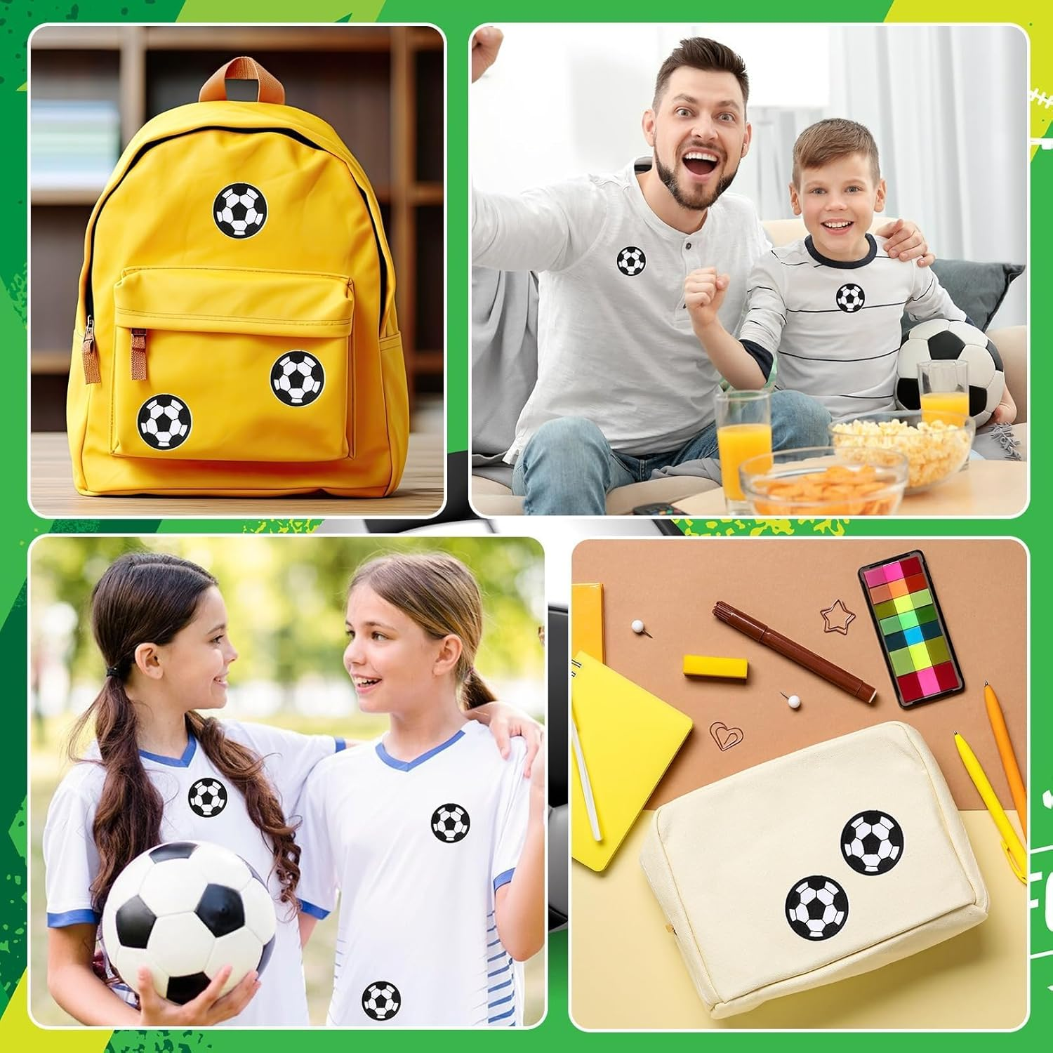 Vier Bilder mit Fussballmotiven auf Rucksack, T-Shirts und Federmäppchen.