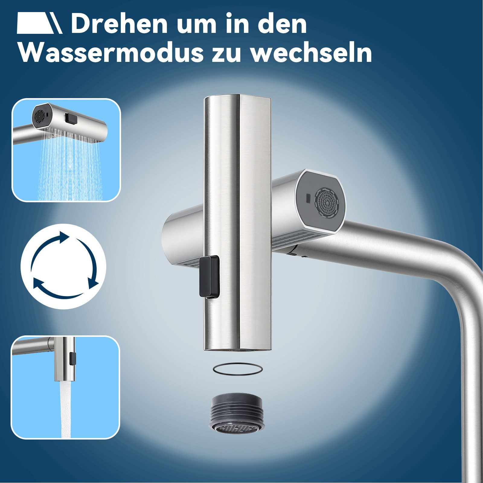 Edelstahl-Wasserhahn mit drehbarem Kopf, Dichtung und Filter auf blauem Hintergrund mit Insets.