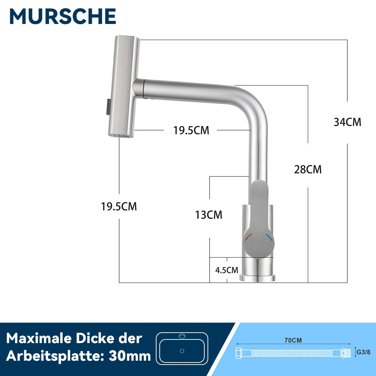 Technische Zeichnung einer silbernen Küchenarmatur mit Bemaßungen.