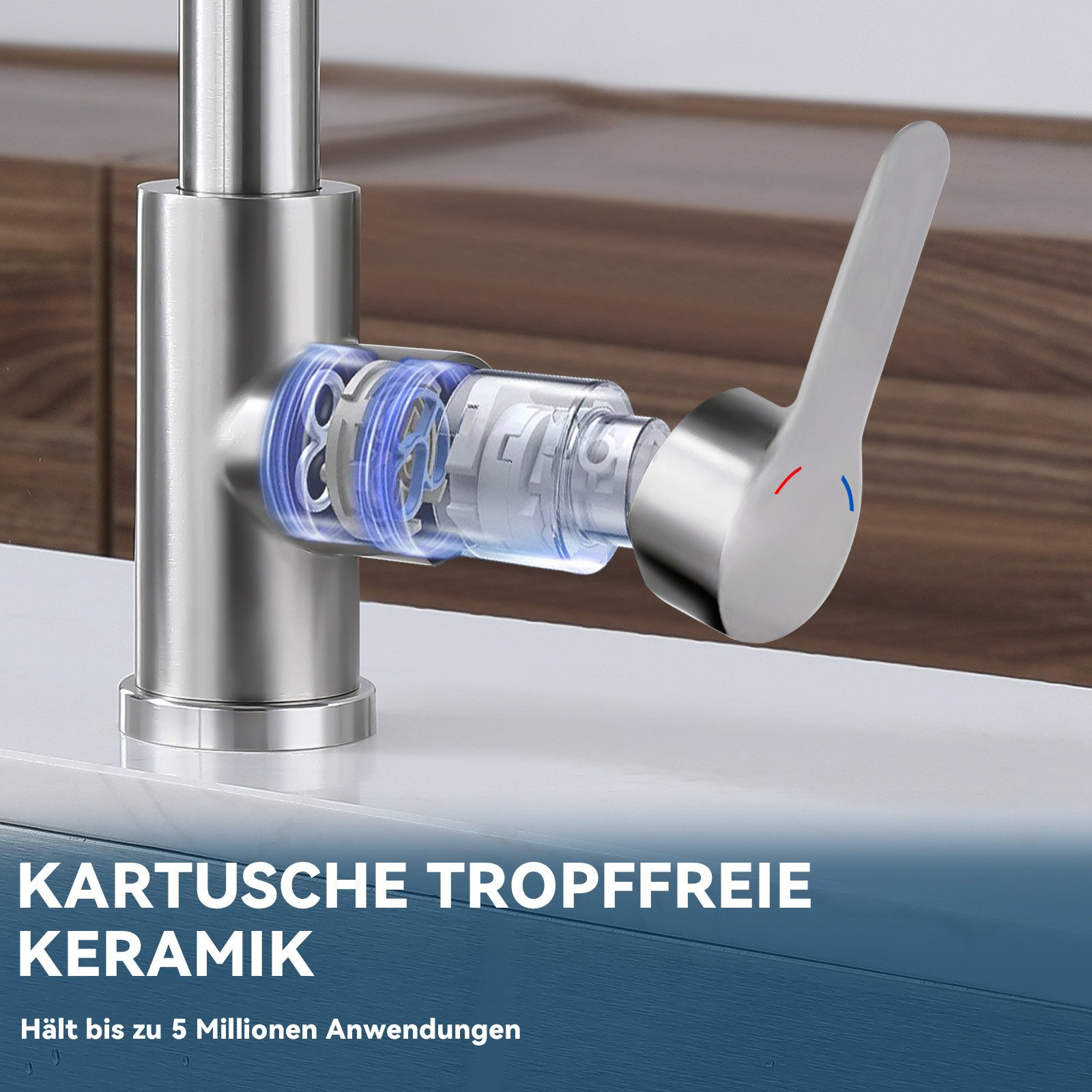 Ein Edelstahl-Wasserhahn mit transparentem Schnitt, der den inneren Keramikkartuschen-Mechanismus zeigt.
