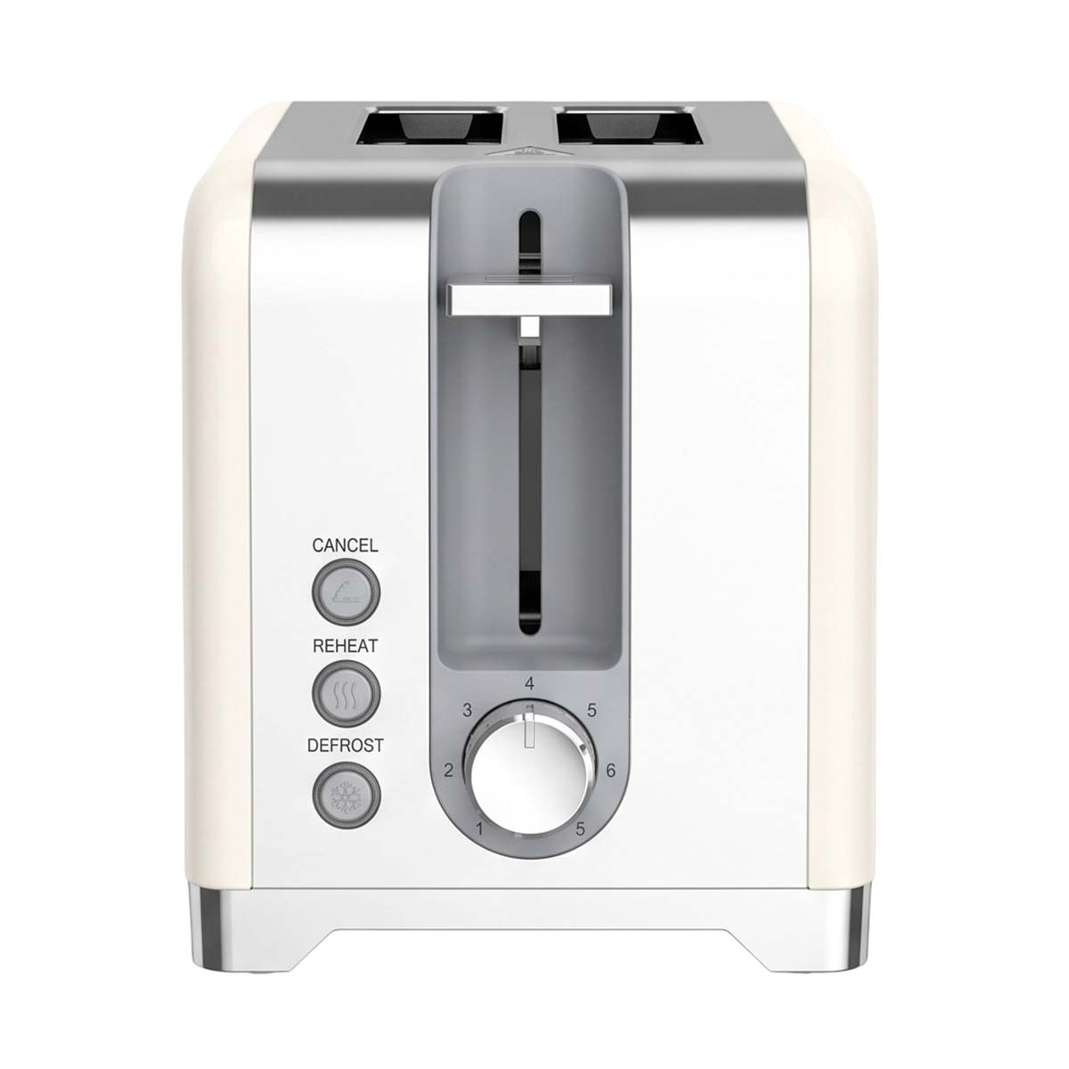 Ein beiger und silberner Langschlitztoaster mit Tasten für Abbruch, Aufwärmen und Auftauen sowie einem Drehregler.