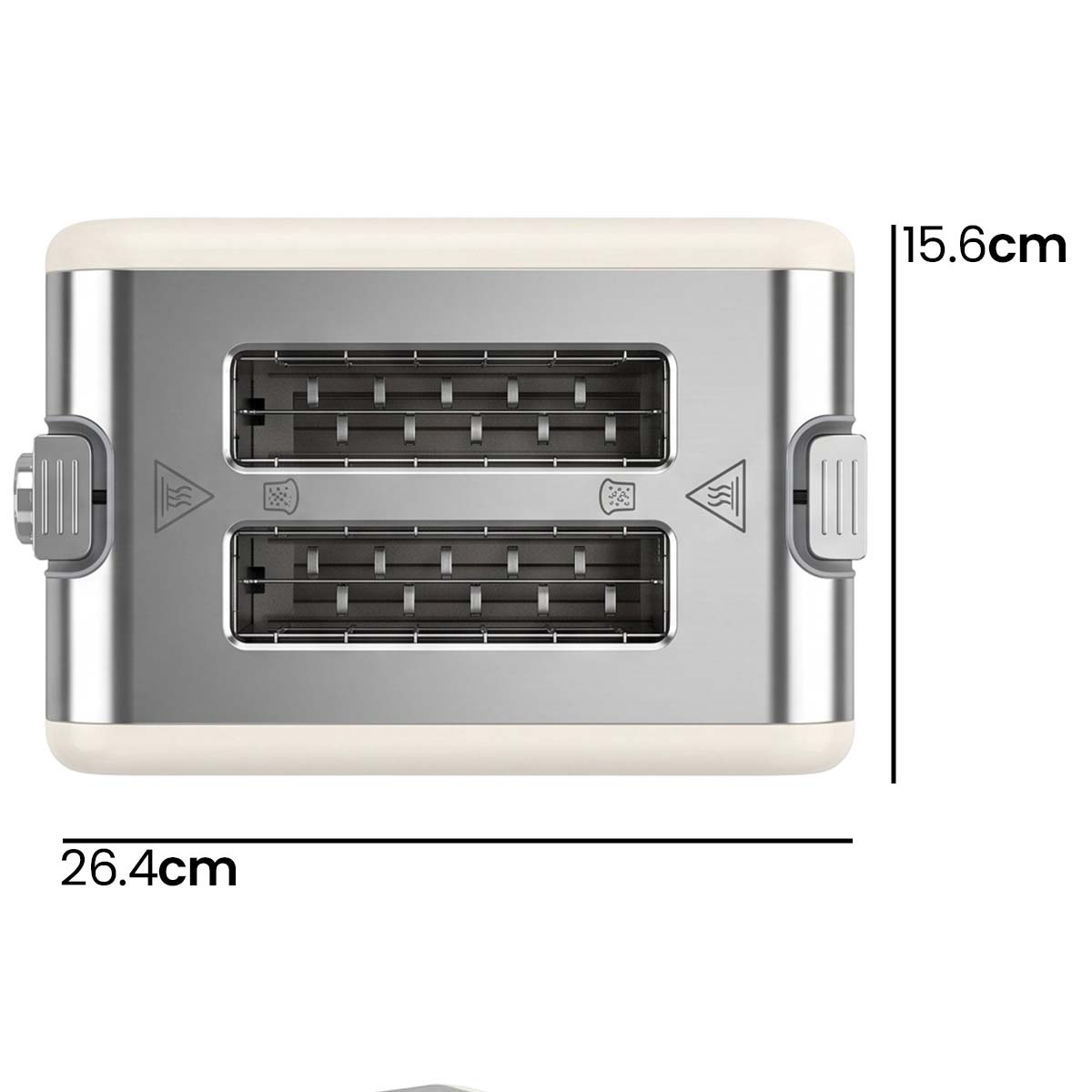Draufsicht auf einen Edelstahltoaster mit zwei Schlitzen, Höhe 15,6 cm, Breite 26,4 cm.