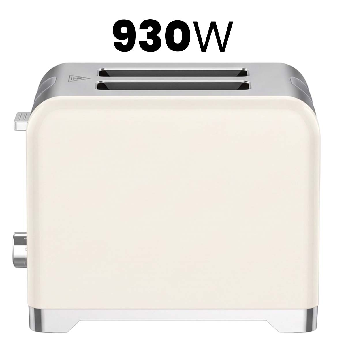 Ein beiger Zweischeiben-Toaster mit silberner Oberseite und Basis, darüber 930W.