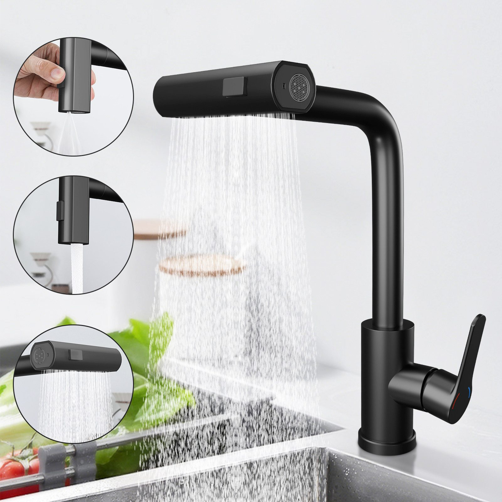 Ein schwarzer Küchenwasserhahn mit herausziehbarer Brause und verschiedenen Wasserstrahlmodi über einem Spülbecken.