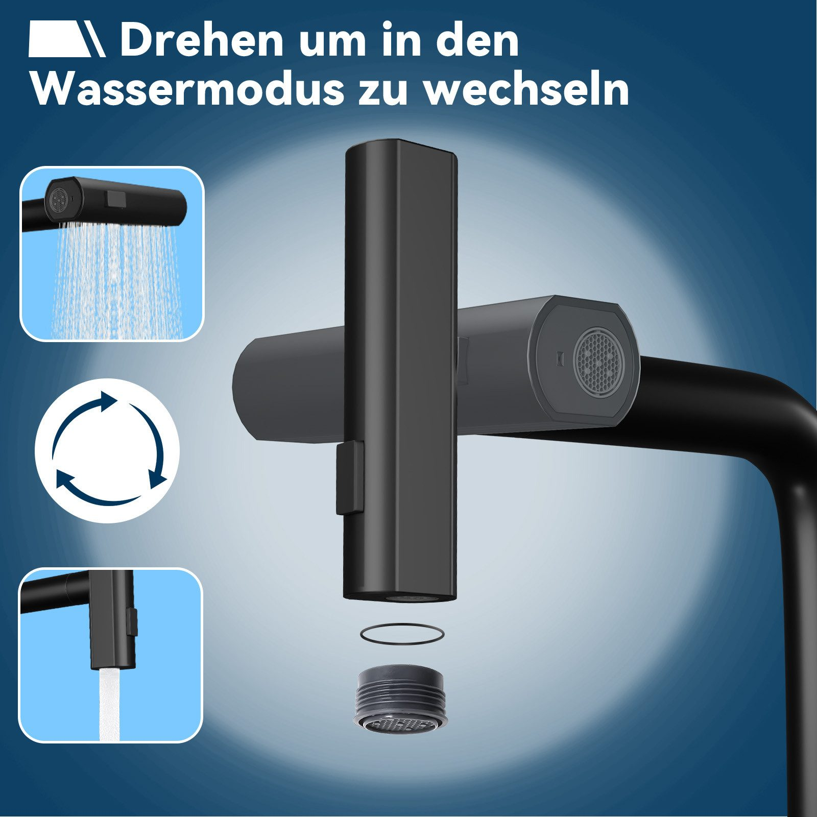 Schwarze Küchenarmatur mit Drehmechanismus für verschiedene Wasserstrahlmodi und deutscher Textanleitung.
