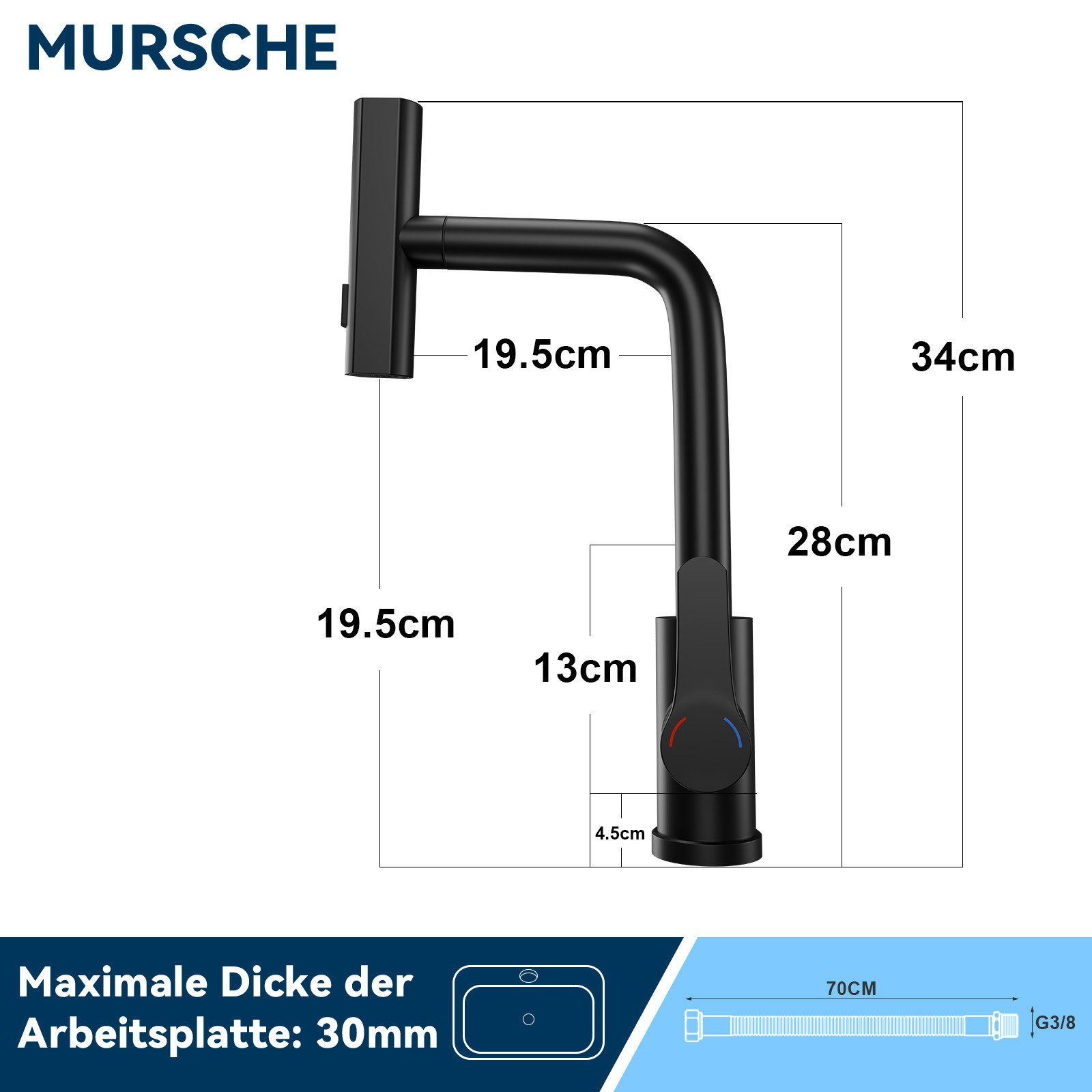 Diagramm einer schwarzen Mursche Küchenarmatur mit genauen Maßen und Hinweisen.