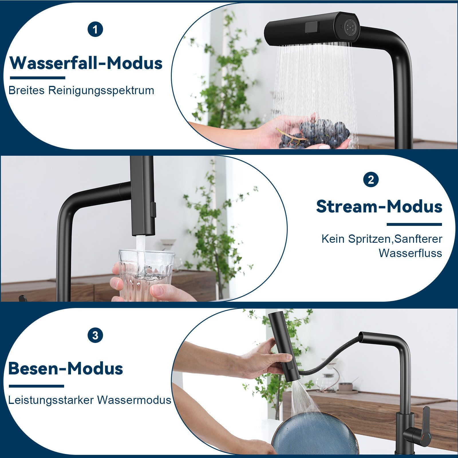 Drei Bilder zeigen eine schwarze Küchenarmatur mit verschiedenen Wassermodi: Wasserfall, Stream und Besen.