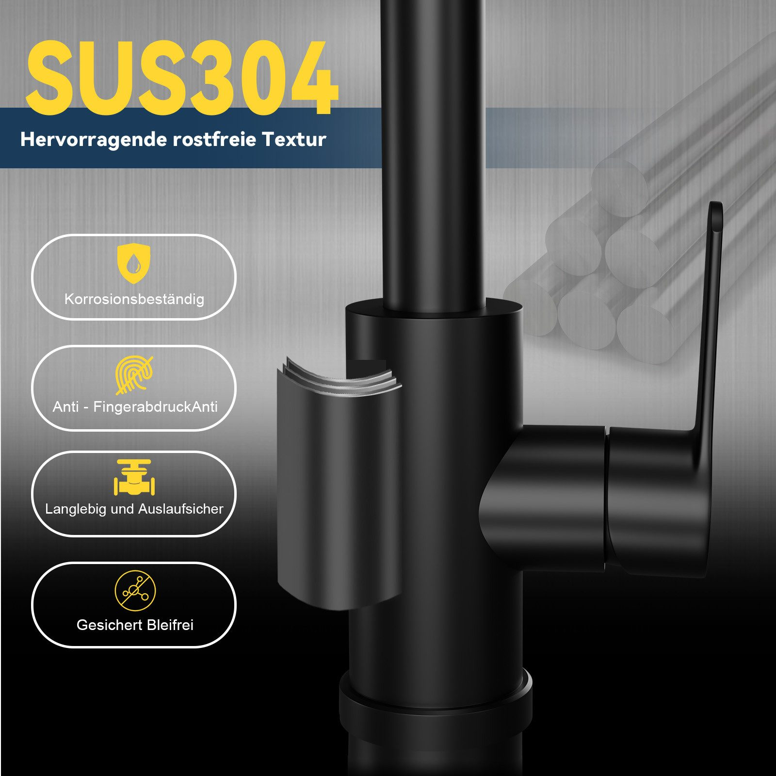 Schwarze SUS304 Edelstahl-Küchenarmatur mit Korrosionsbeständigkeit, Anti-Fingerabdruck, Langlebigkeit und Bleifreiheit.