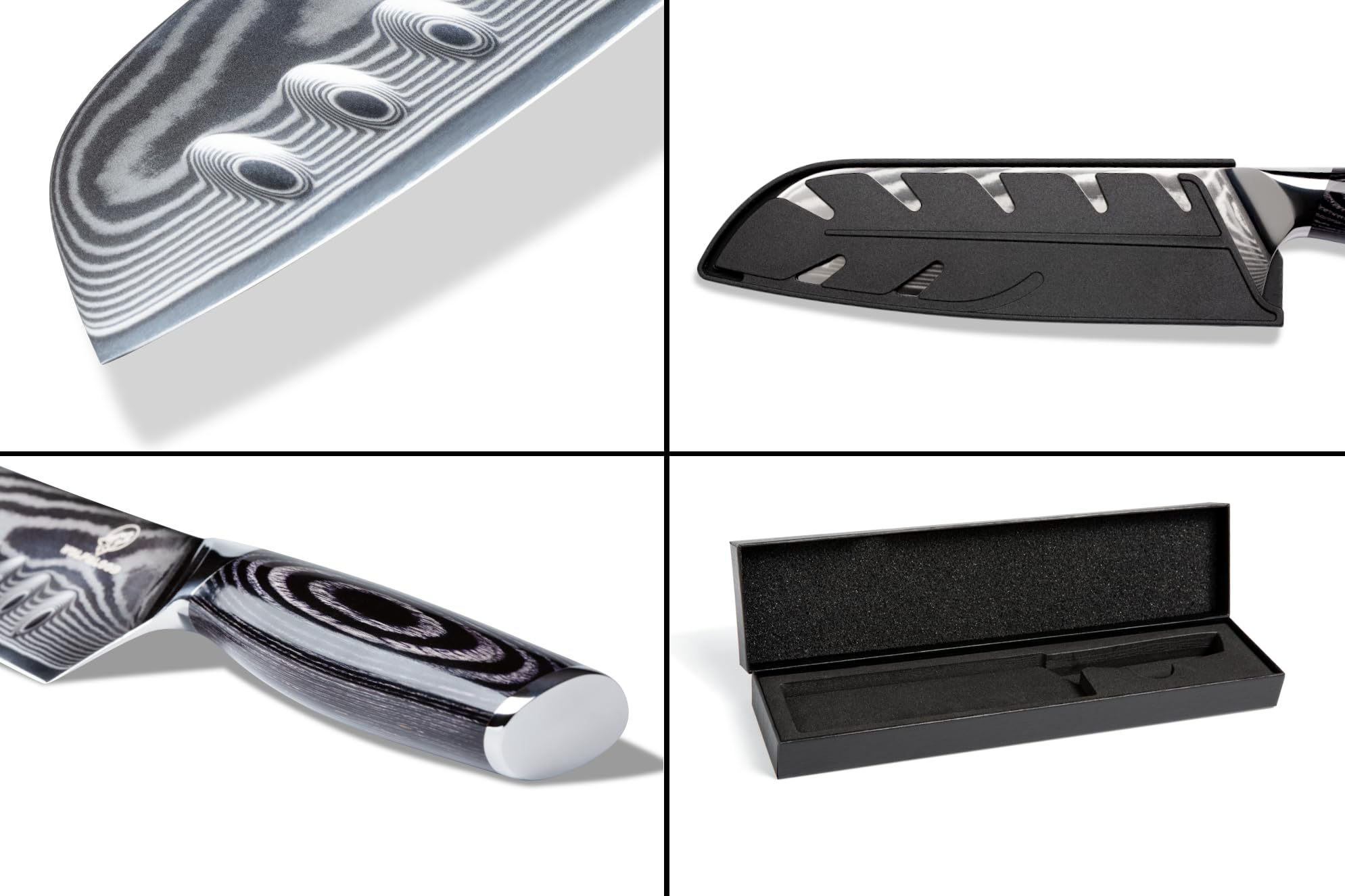 Quatre images d'un couteau Damas avec lame, étui de protection, manche ergonomique et coffret cadeau noir.