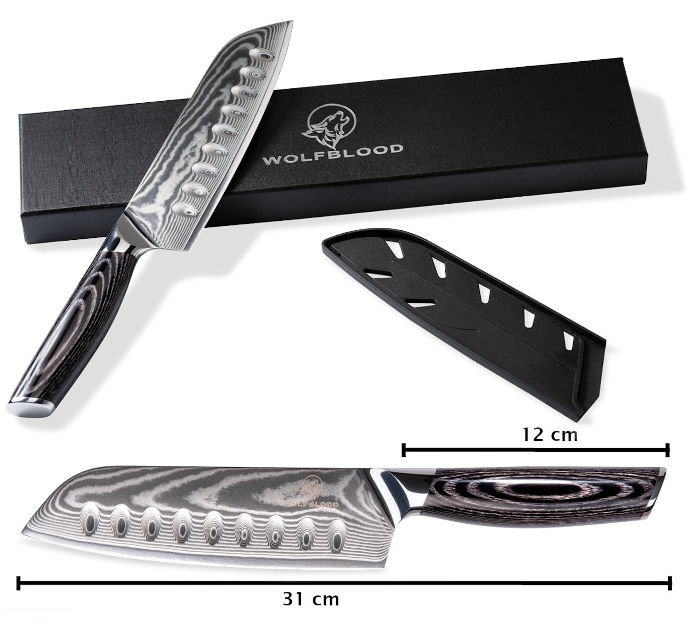 Couteau damas avec manche en bois, boîte noire, étui de protection et dimensions.