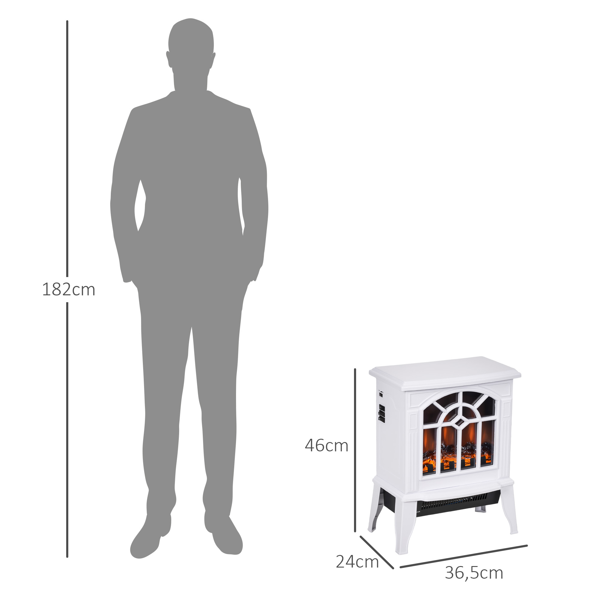 Diagrama que muestra las dimensiones de una chimenea calefactora blanca junto a una silueta humana de 182 cm.