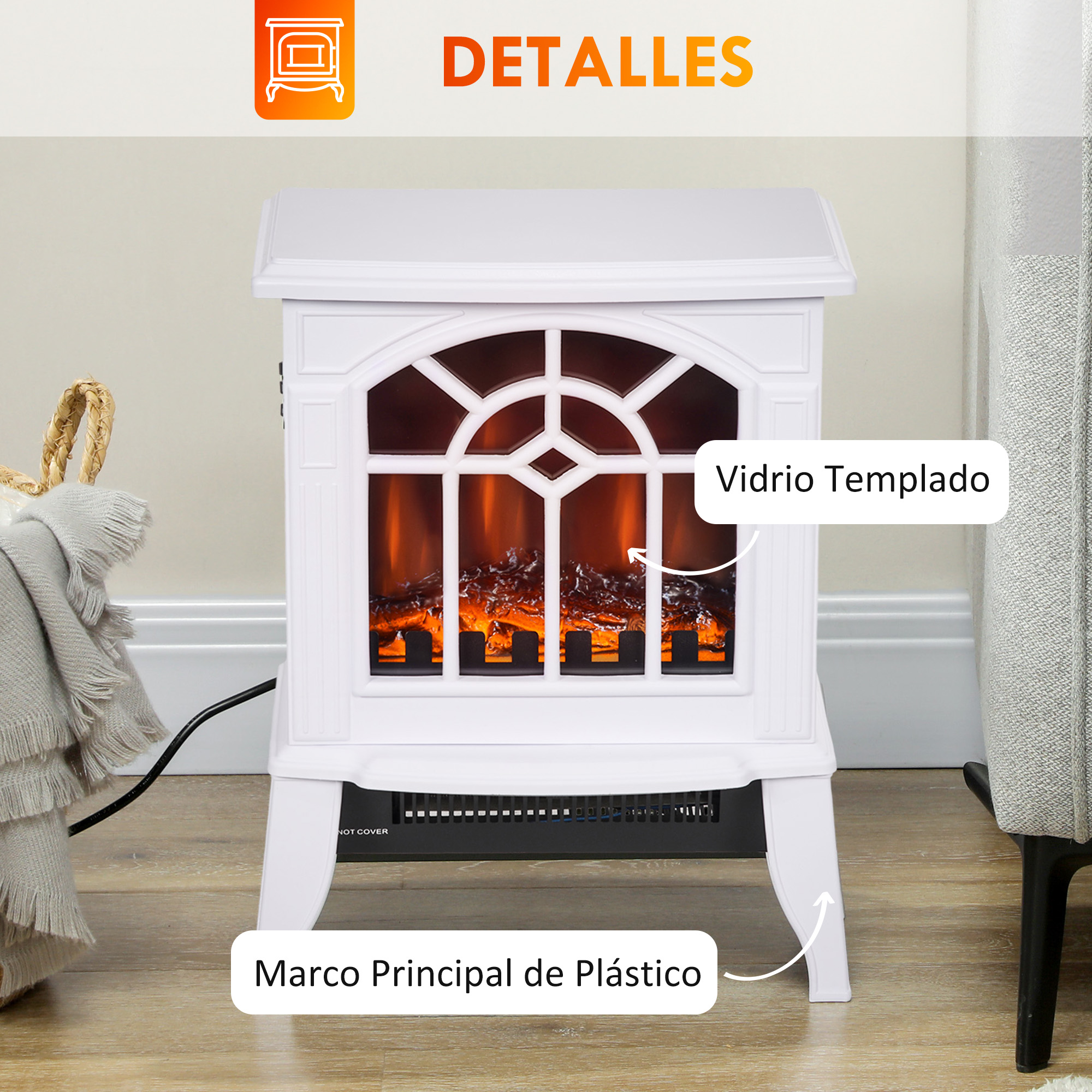 Una estufa chimenea eléctrica blanca con efecto de llama y etiquetas que señalan su vidrio templado y marco de plástico.