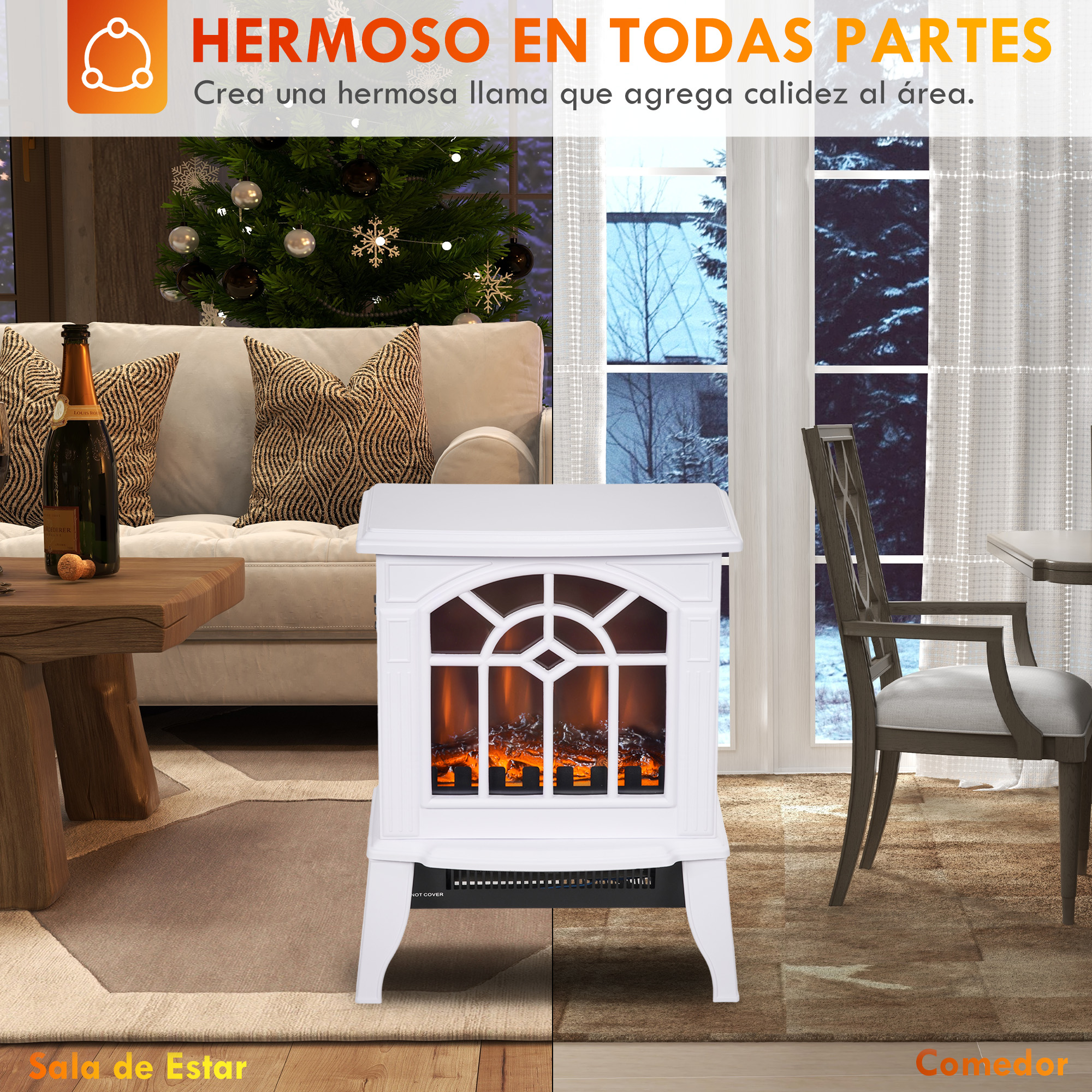 Una chimenea eléctrica blanca en una acogedora sala con sofá y árbol de Navidad.