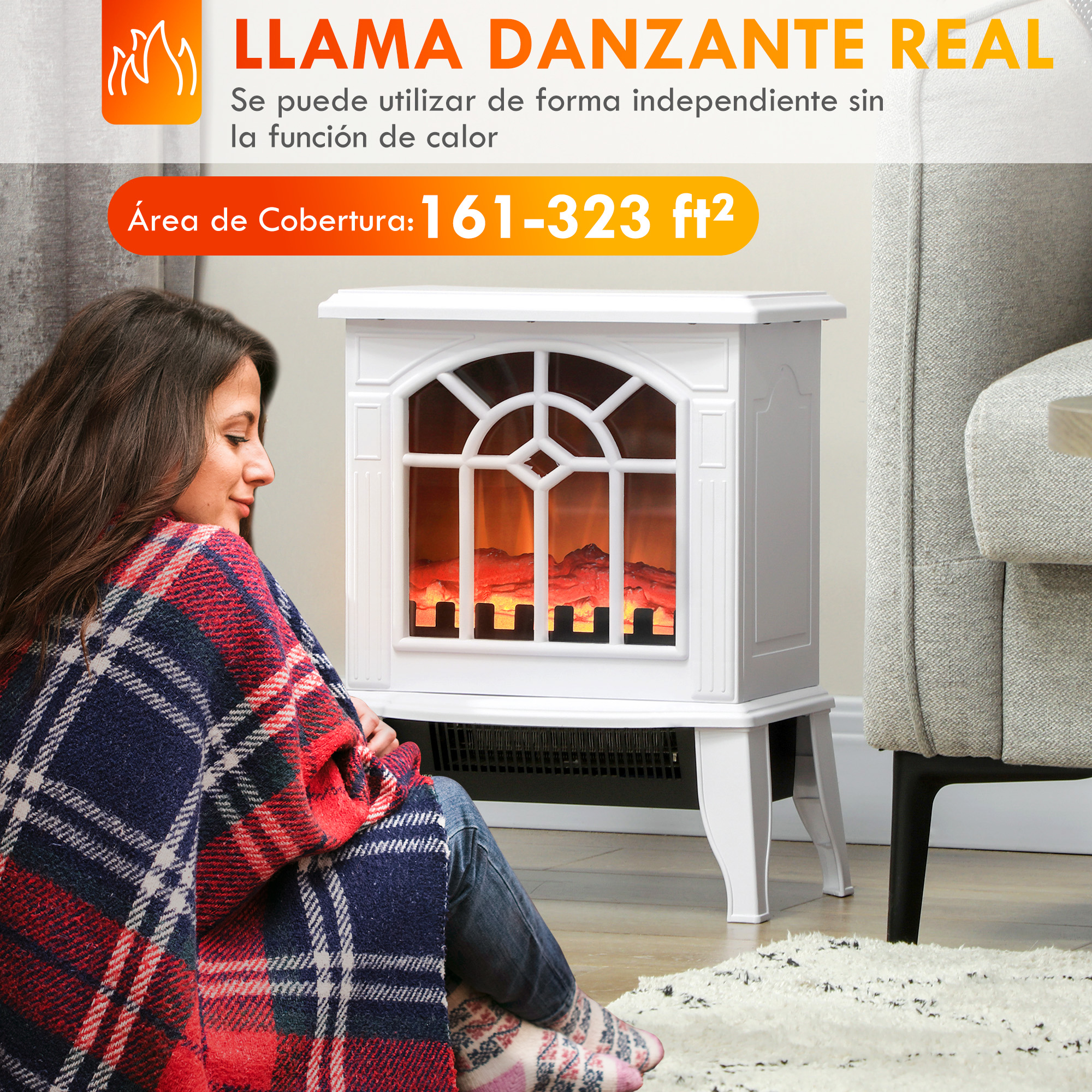 Una mujer envuelta en una manta a cuadros se sienta junto a una chimenea eléctrica blanca con llamas reales.