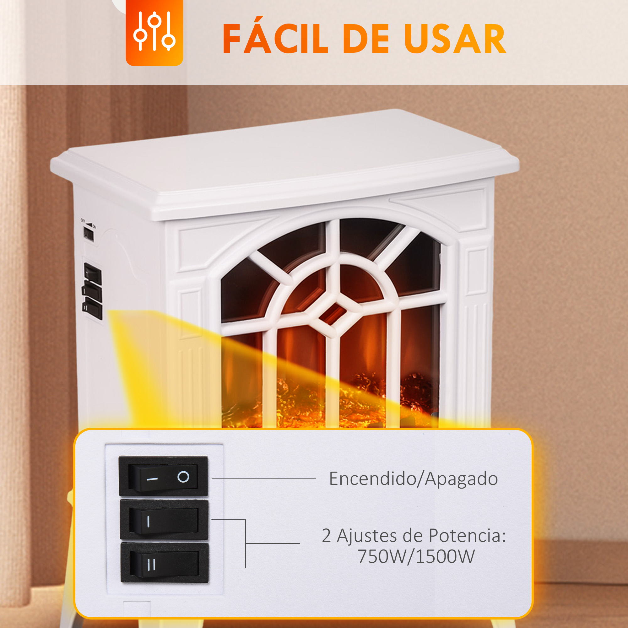 Chimenea eléctrica blanca con tres interruptores negros en el lateral para encendido y dos ajustes de potencia.