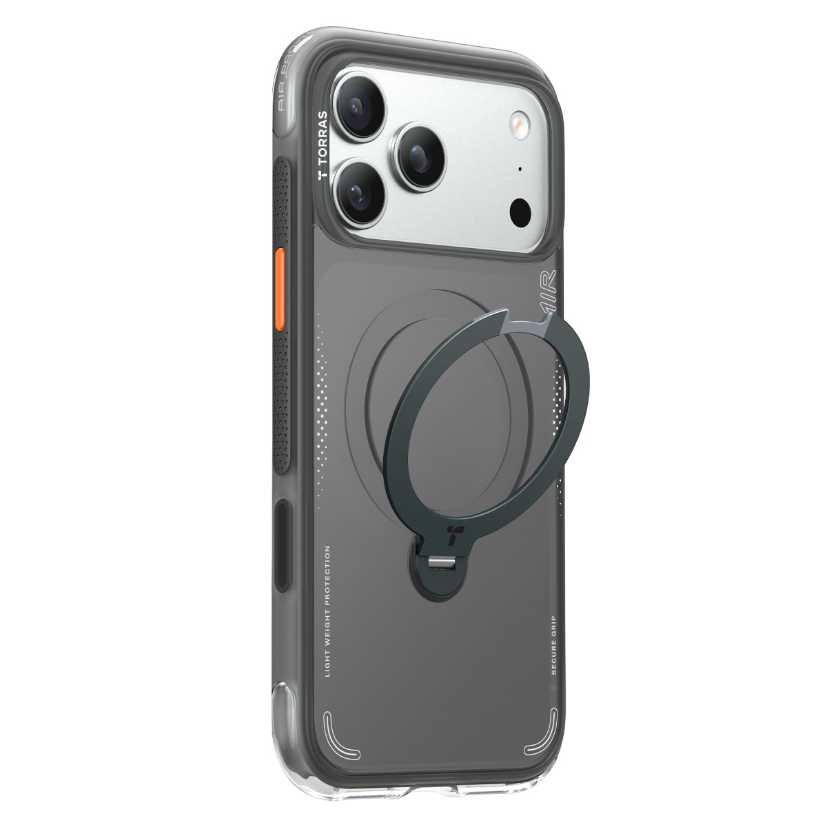 Arkasında entegre, katlanabilir yuvarlak bir stand bulunan gri koruyucu telefon kılıfı, beyaz arka plan.