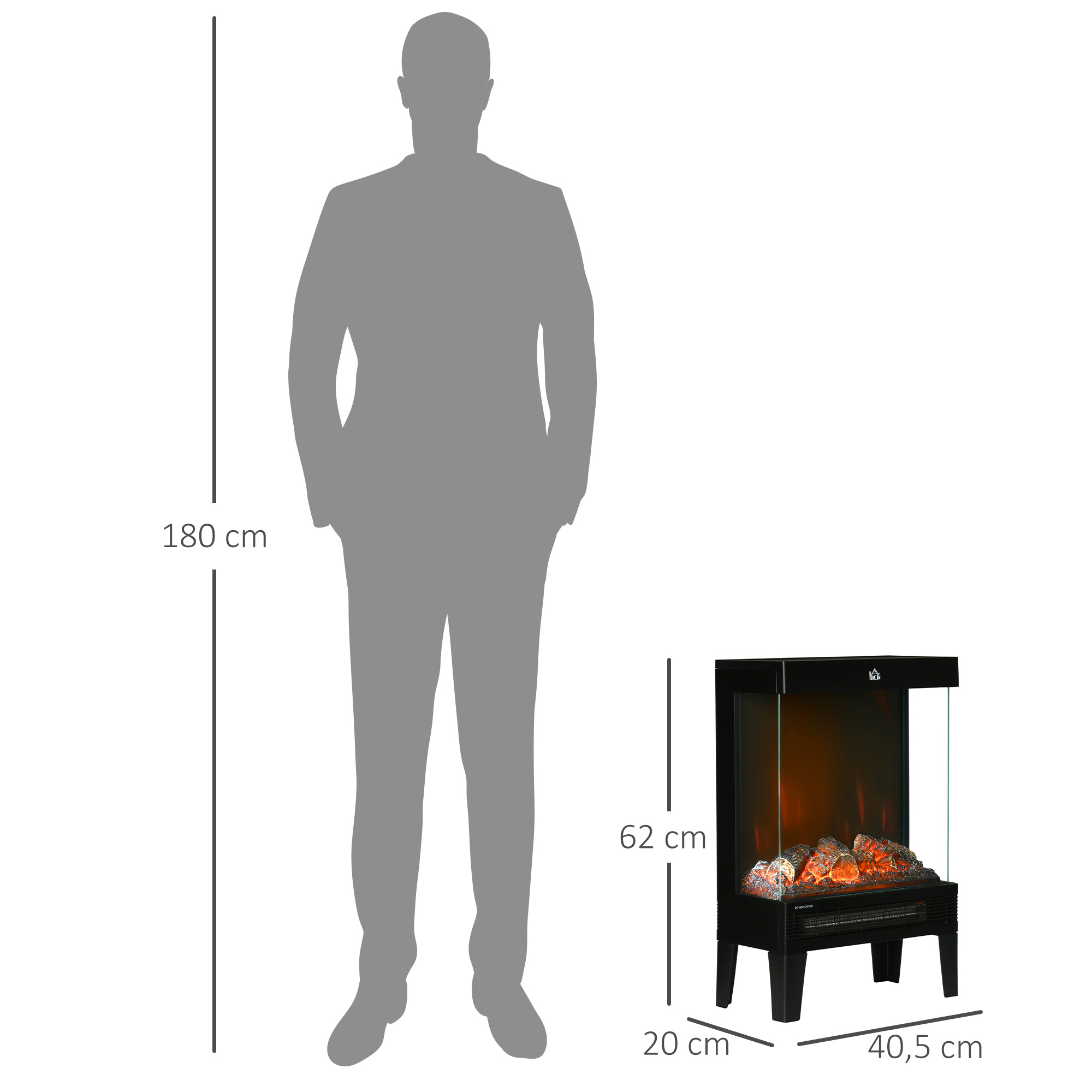 El diagrama muestra una persona de 180 cm junto a una chimenea eléctrica de 62x40,5x20 cm.