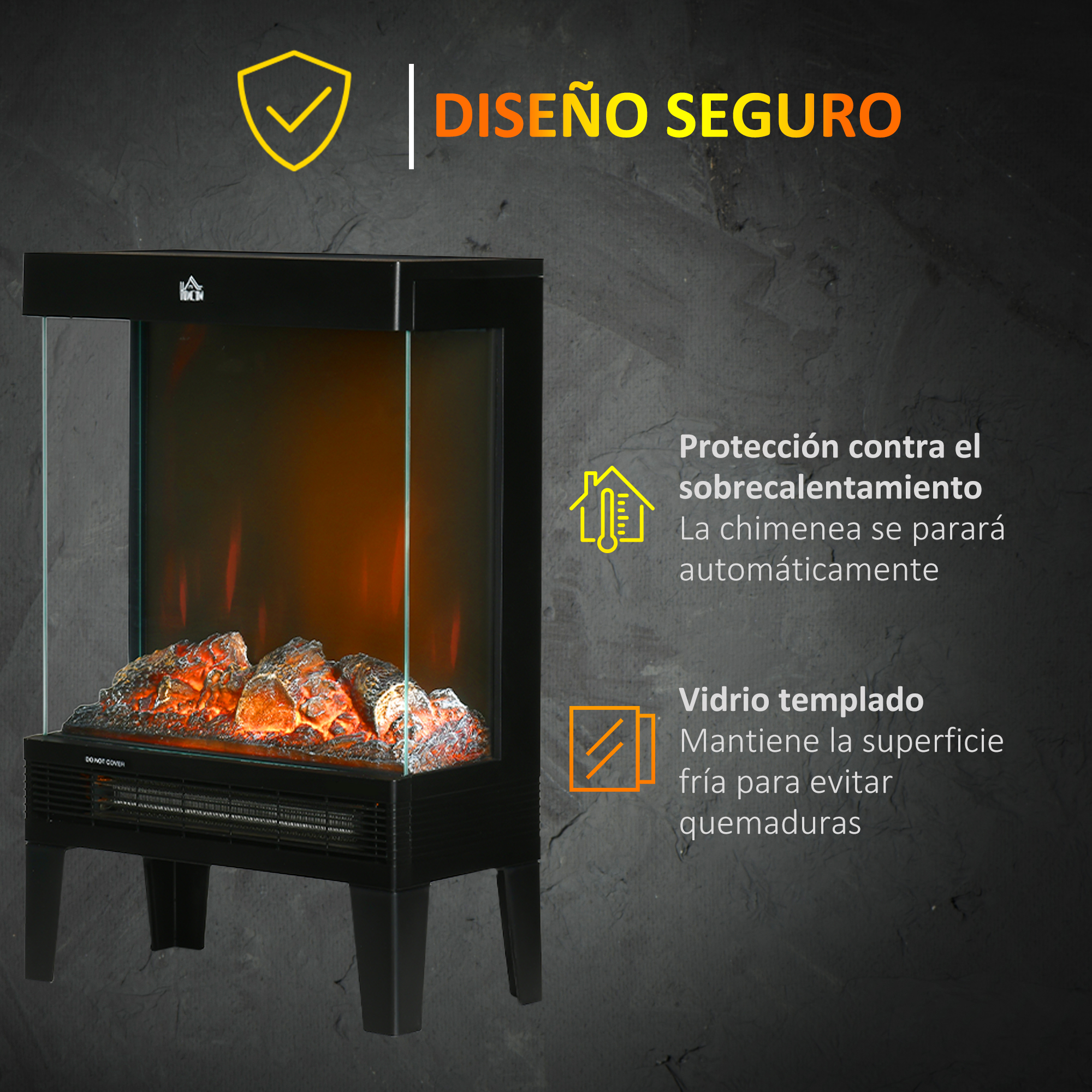 Una chimenea con diseño seguro, protección contra sobrecalentamiento y vidrio templado sobre fondo oscuro.