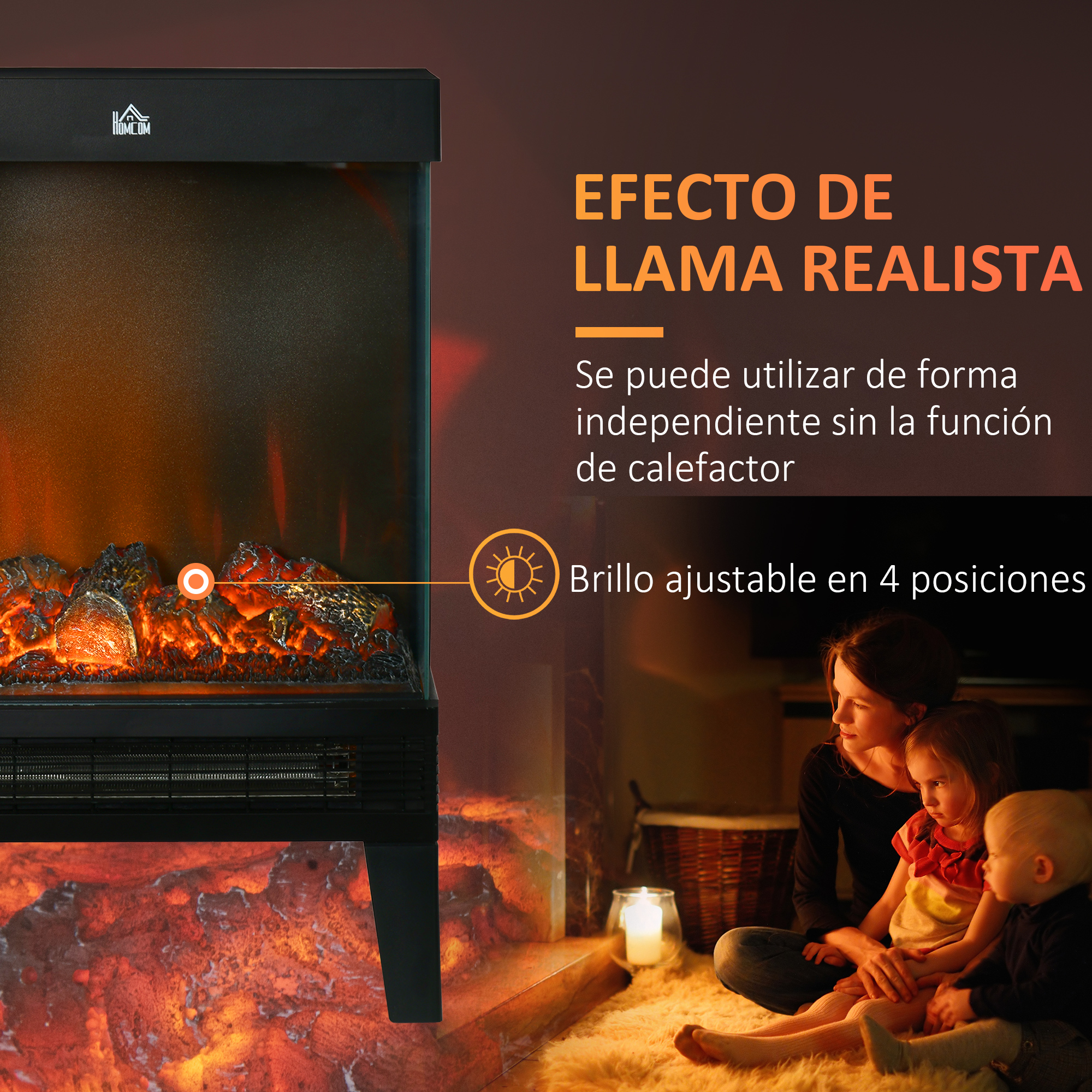 Chimenea eléctrica con efecto de llama realista, brillo ajustable en cuatro niveles y una familia cerca.