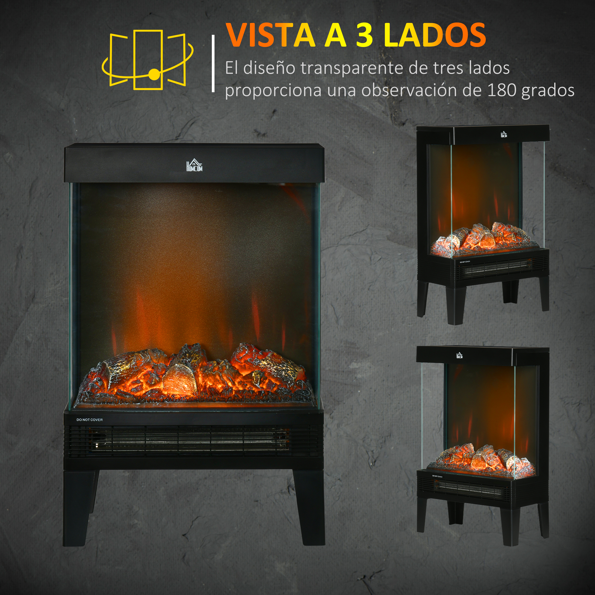 Chimenea eléctrica negra con cristal de tres lados, leños incandescentes y efecto de llama sobre fondo gris.