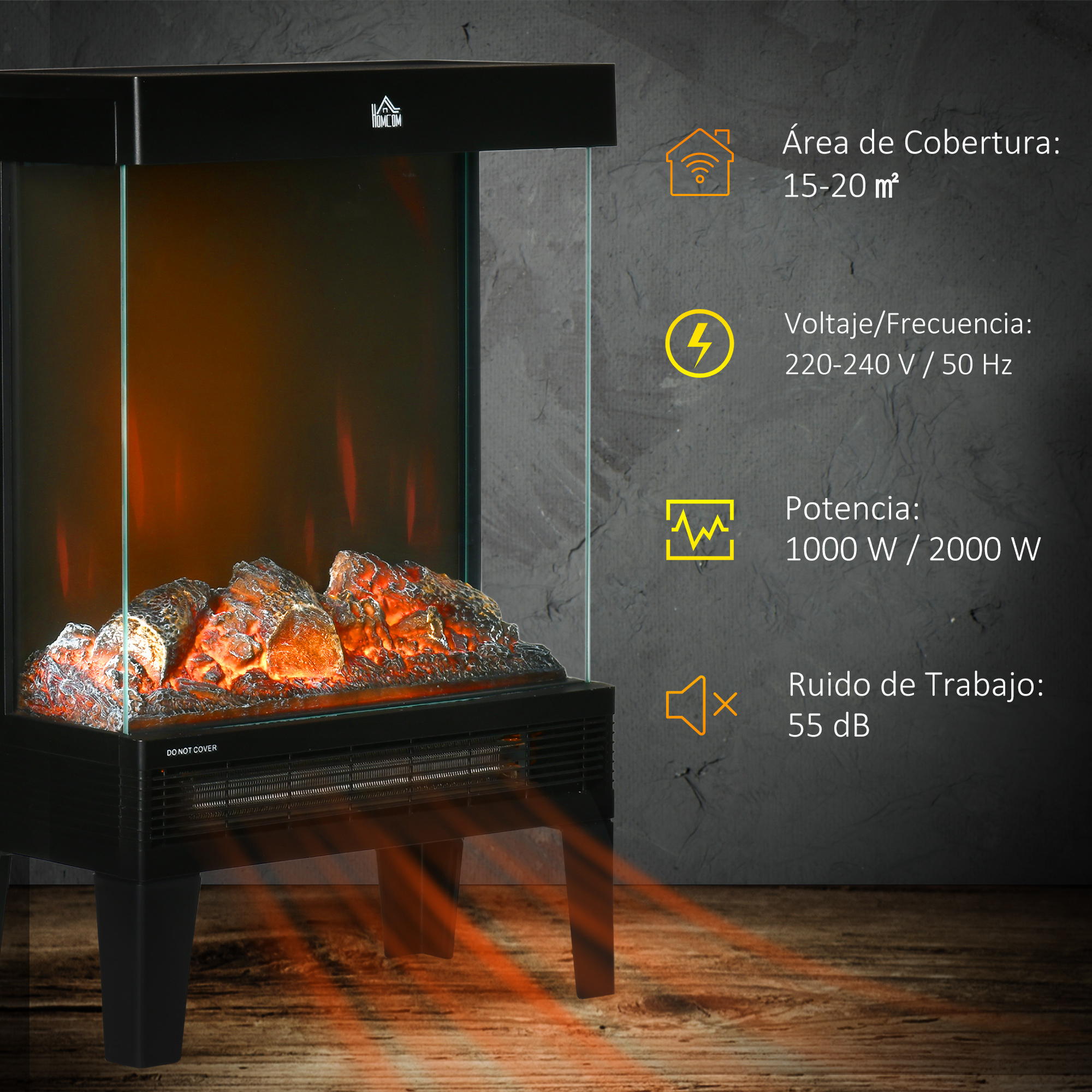 Chimenea eléctrica moderna con llamas brillantes, efecto leña y especificaciones técnicas sobre fondo oscuro.