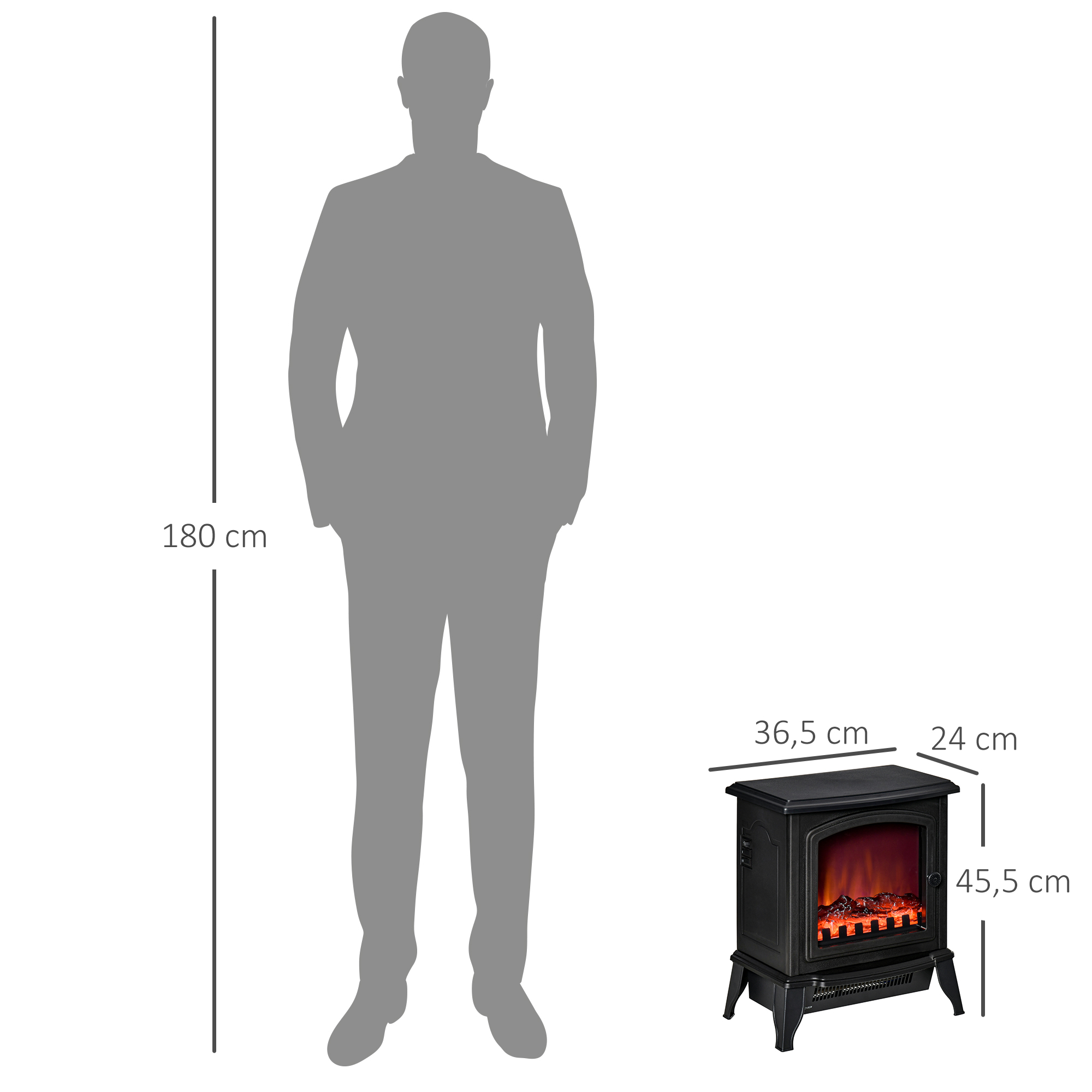 Dimensiones de una chimenea eléctrica con una silueta humana de 180 cm de escala.