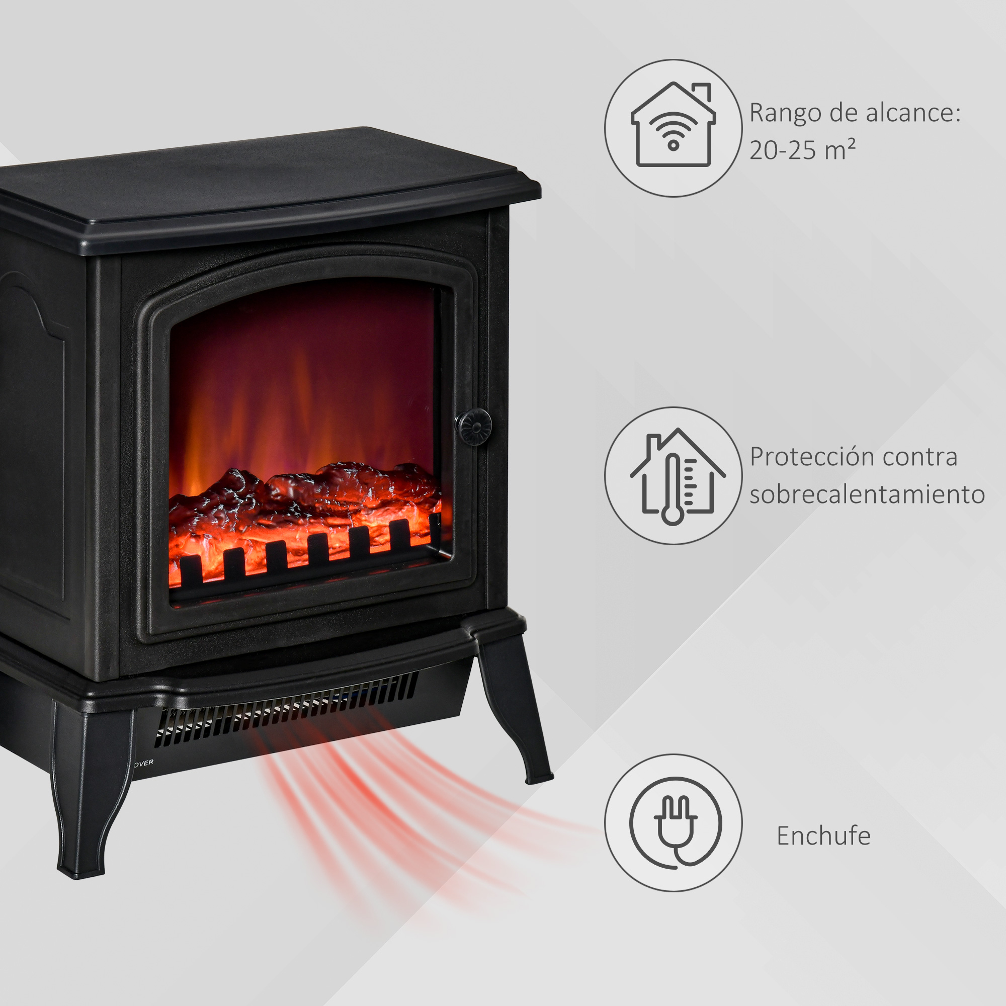 Una estufa de chimenea eléctrica negra con llamas brillantes falsas e iconos de calor.