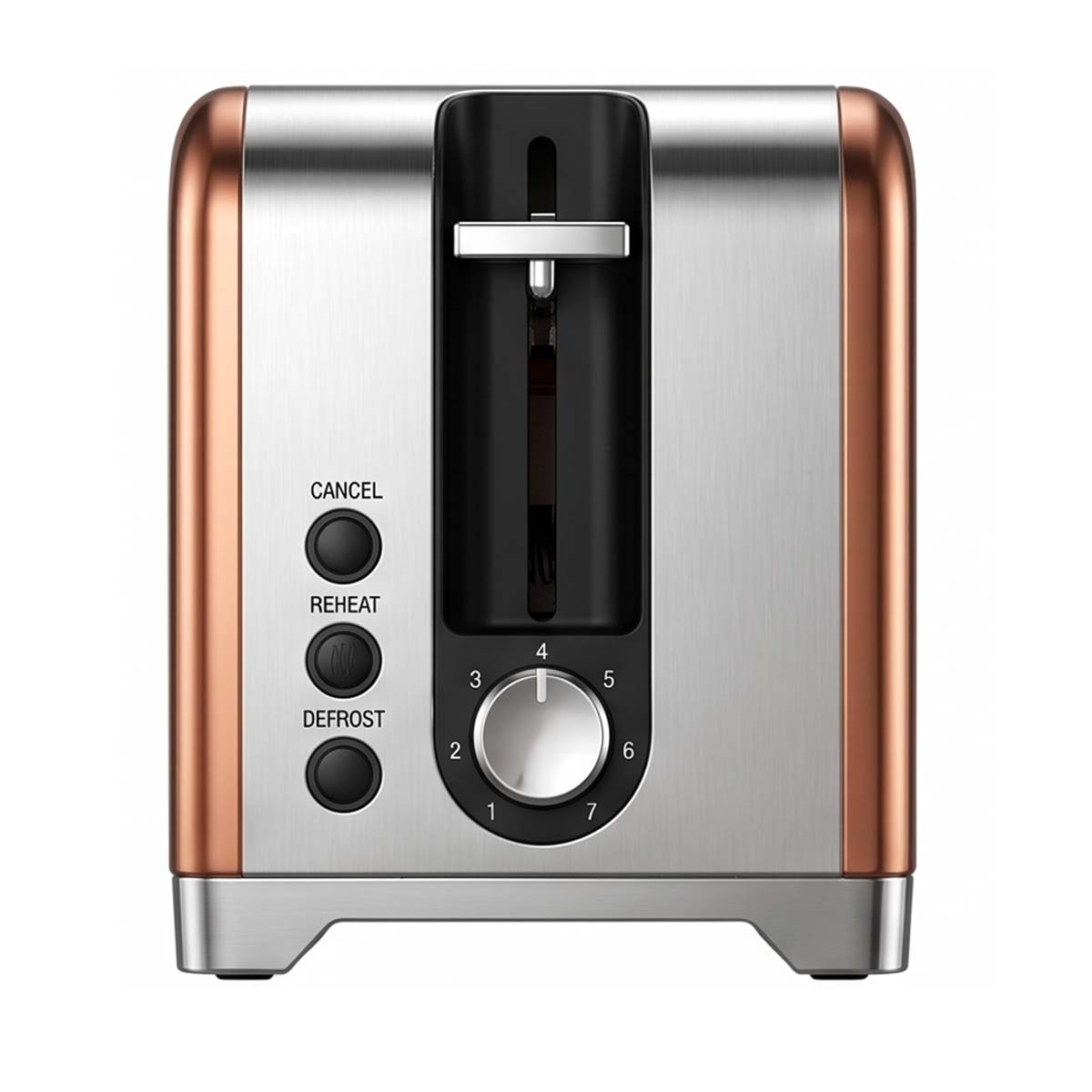 Edelstahl-Toaster mit kupferfarbenen Akzenten, Knöpfen für Abbruch, Aufwärmen, Auftauen und einem Bräunungsregler.