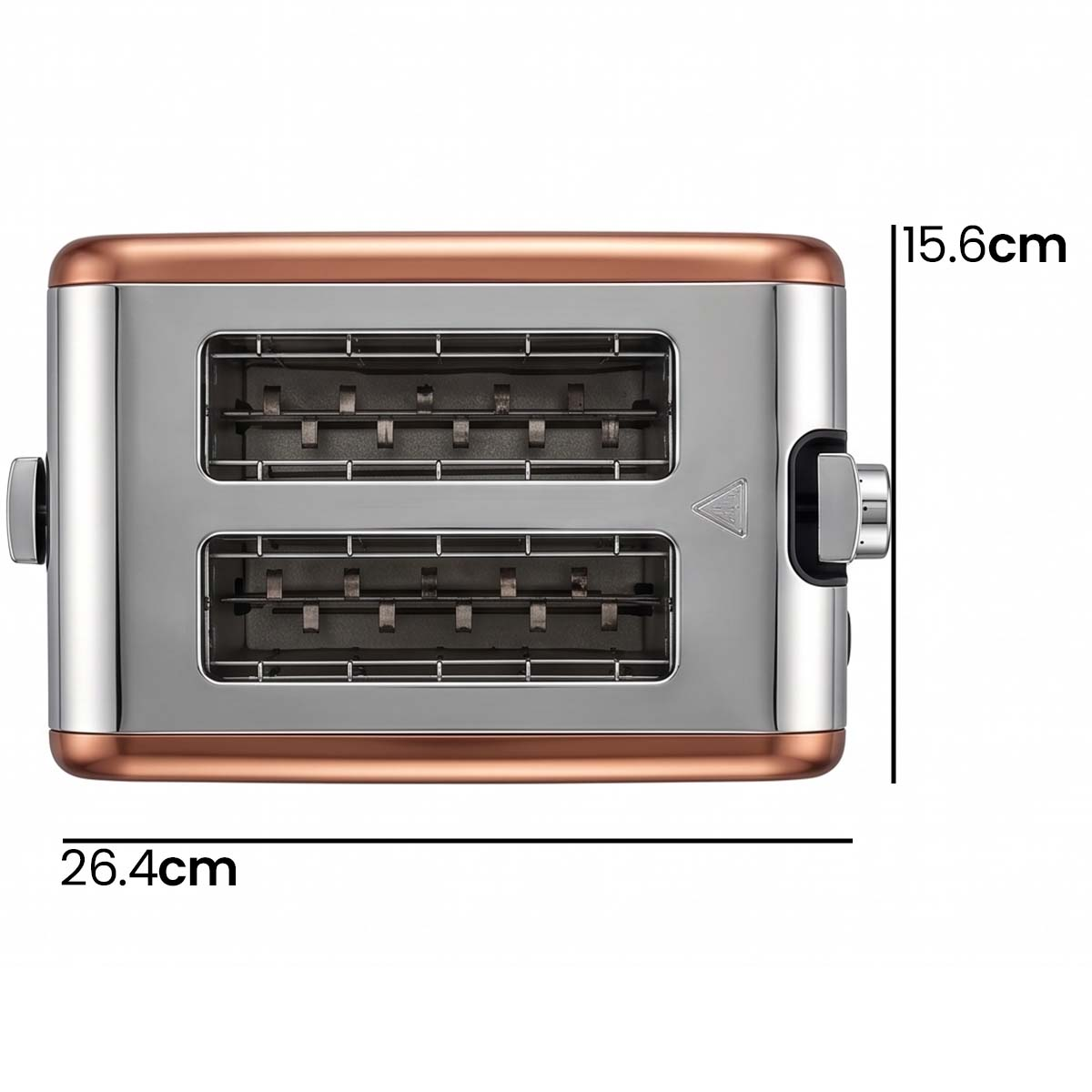 Edelstahl-Toaster mit kupferfarbenen Akzenten, Höhe 15,6 cm, Breite 26,4 cm.