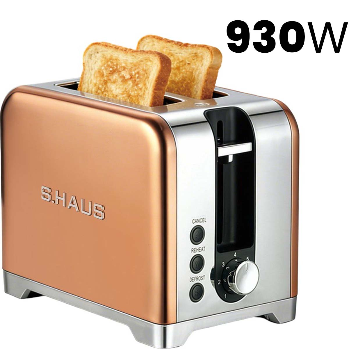 Ein kupfer- und edelstahlfarbener Toaster mit zwei Scheiben Brot und der Aufschrift 930W oben rechts.