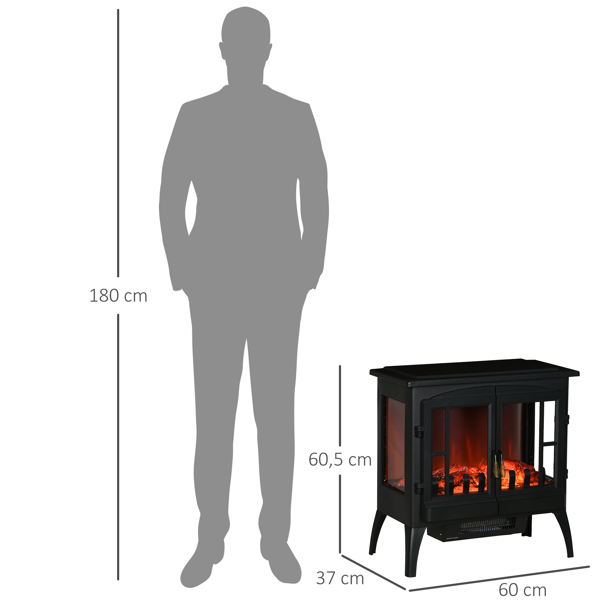 Diagrama que muestra una chimenea eléctrica negra con dimensiones de 60x37x60.5 cm junto a una silueta humana de 180 cm.