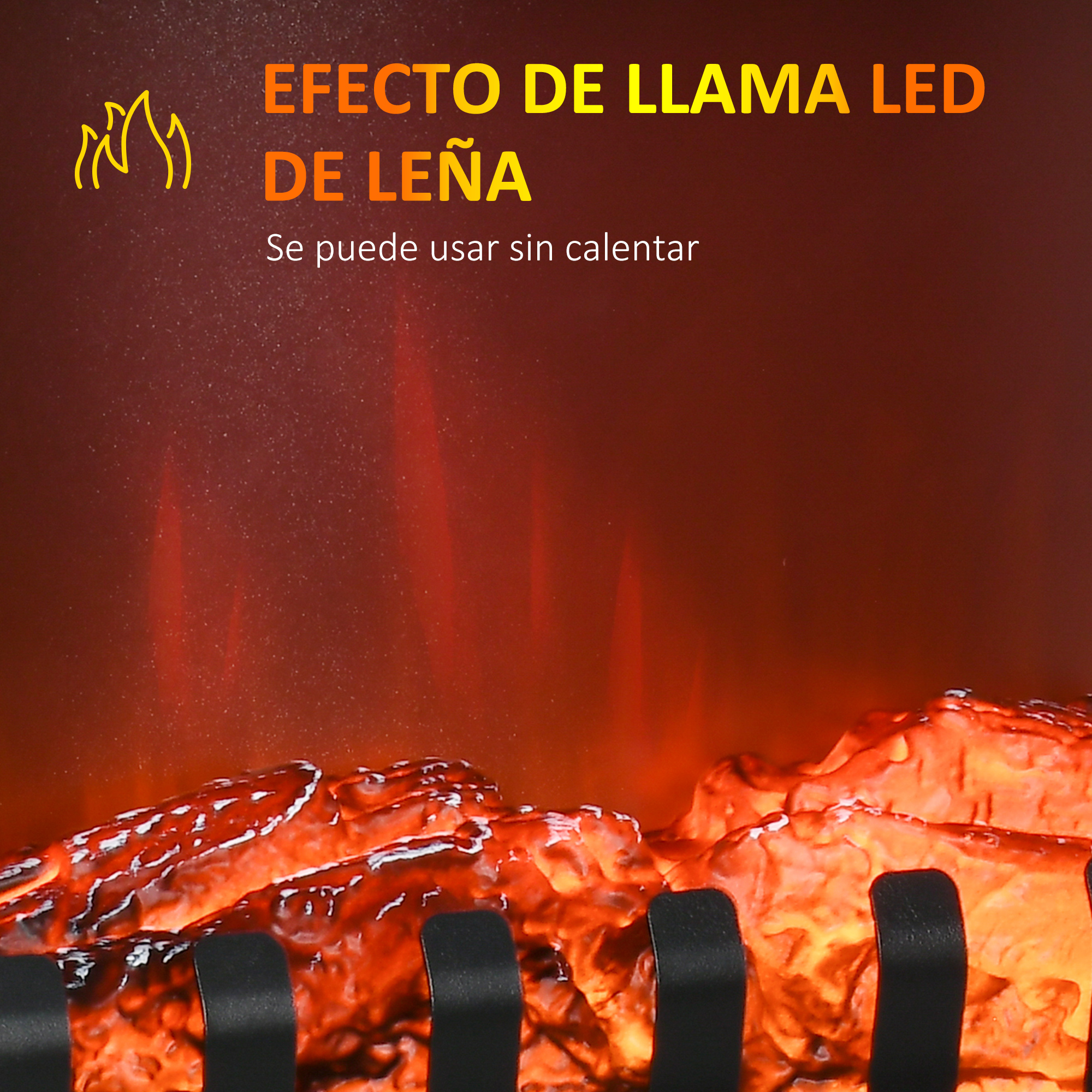 Efecto de llama LED de leña, se puede usar sin calentar sobre fondo marrón.