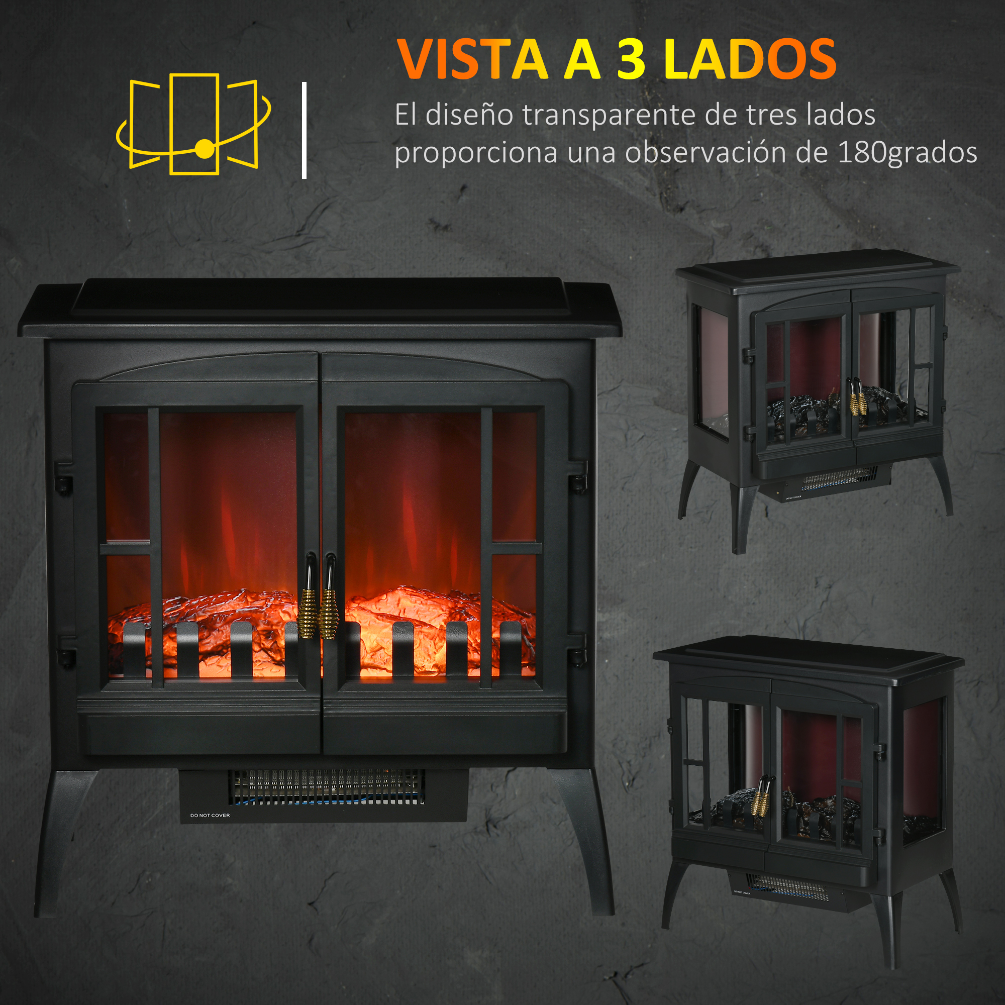 Una chimenea eléctrica negra con vista de tres lados y llamas realistas sobre un fondo oscuro.