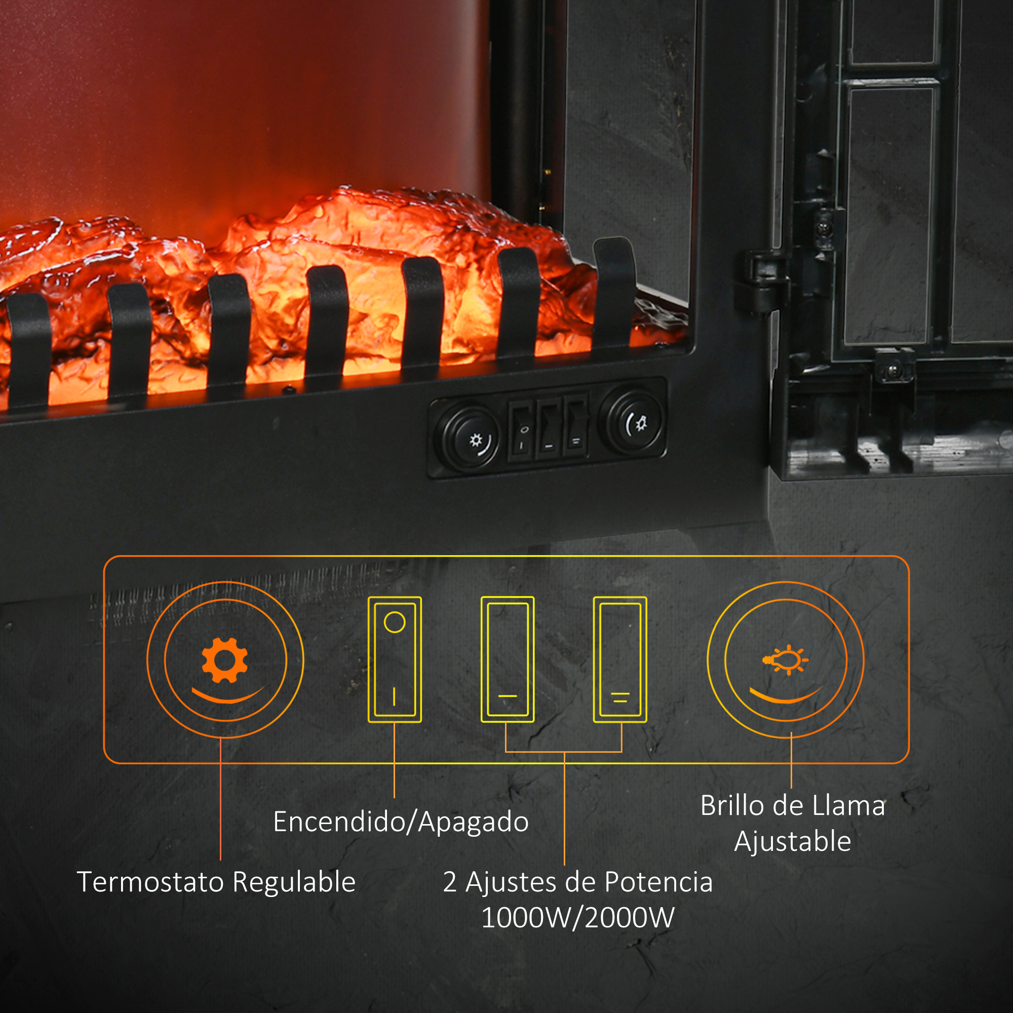 Chimenea eléctrica con controles, termostato regulable y brillo de llama ajustable.