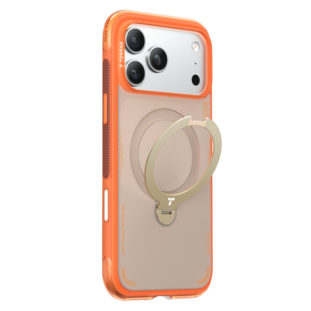 Arkada entegre altın rengi standa sahip turuncu koruyucu kılıflı bir akıllı telefon.