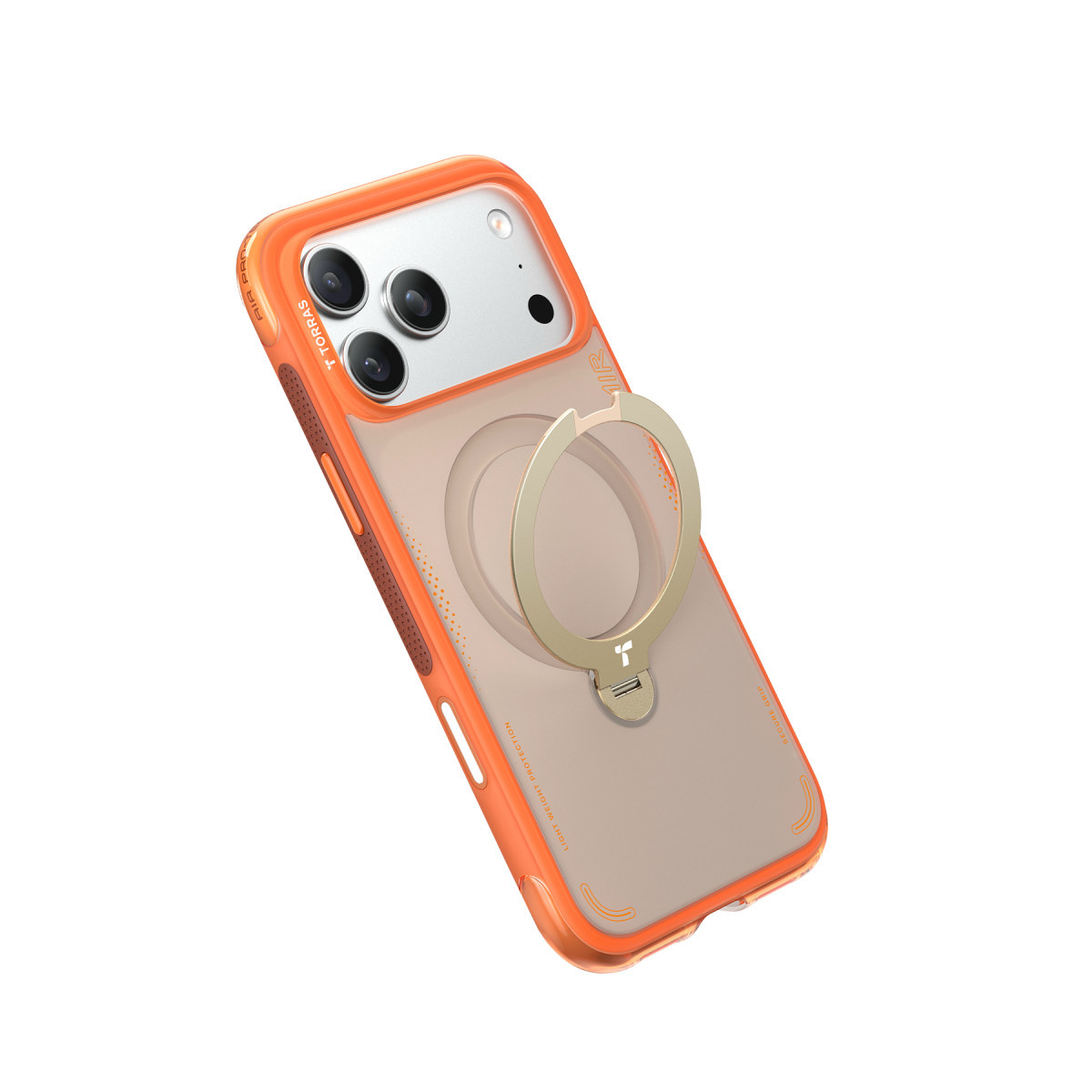 Beyaz arka planda eğimli duran, altın rengi halka standlı şeffaf turuncu kılıflı akıllı telefon.
