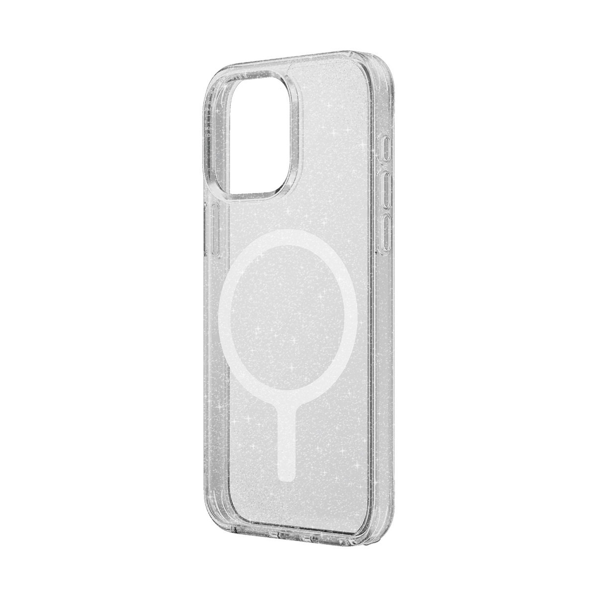 Beyaz arka planda MagSafe halkalı, parıltılı şeffaf telefon kılıfı.