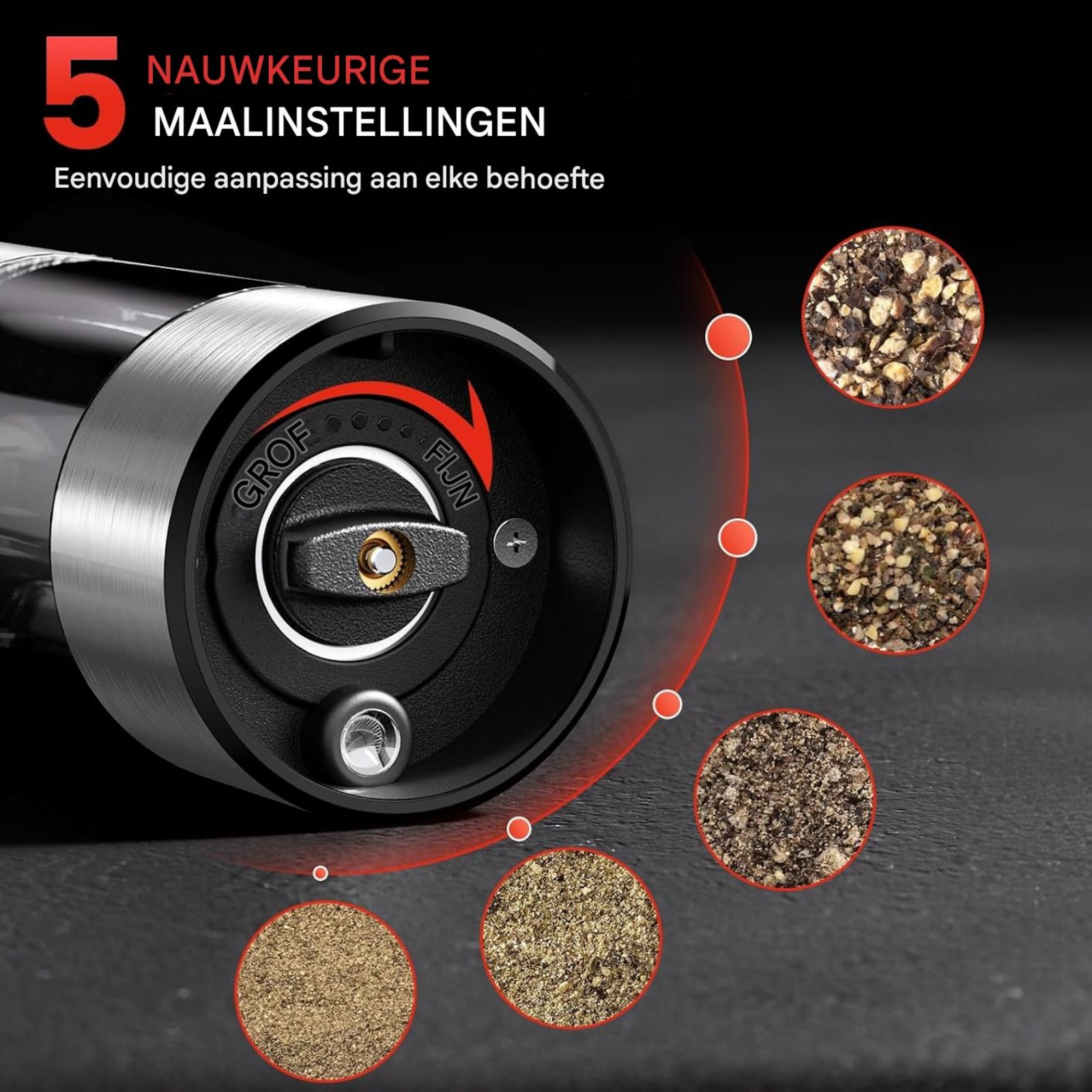 Pfeffermühle mit einstellbarem Mahlwerk und fünf verschiedenen Mahlgraden.