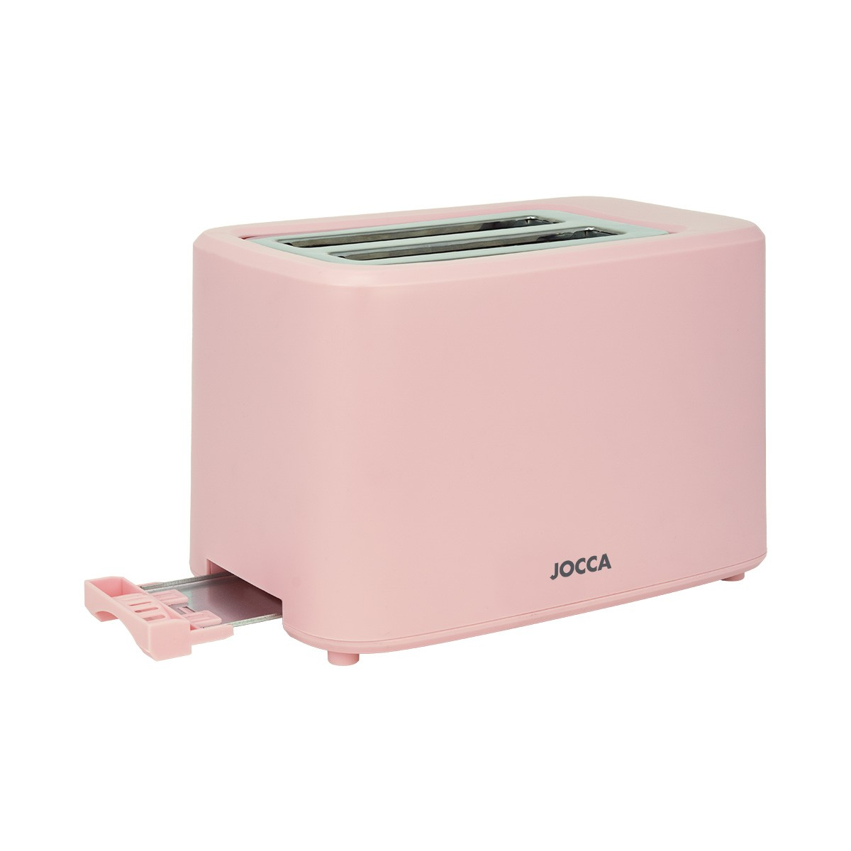 Ein rosafarbener Jocca-Toaster mit zwei Schlitzen und herausziehbarem Krümelblech auf weißem Hintergrund.