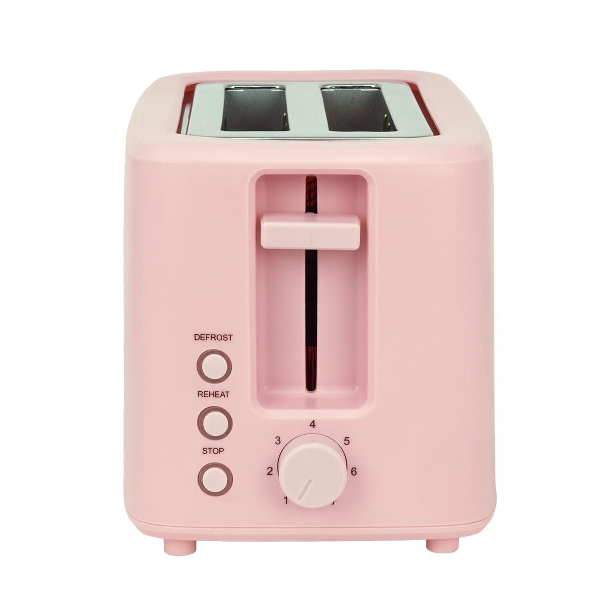 Ein pastellrosa Toaster mit zwei Schlitzen, Hebel und runden Knöpfen für Auftauen, Aufwärmen und Stopp auf weißem Grund.