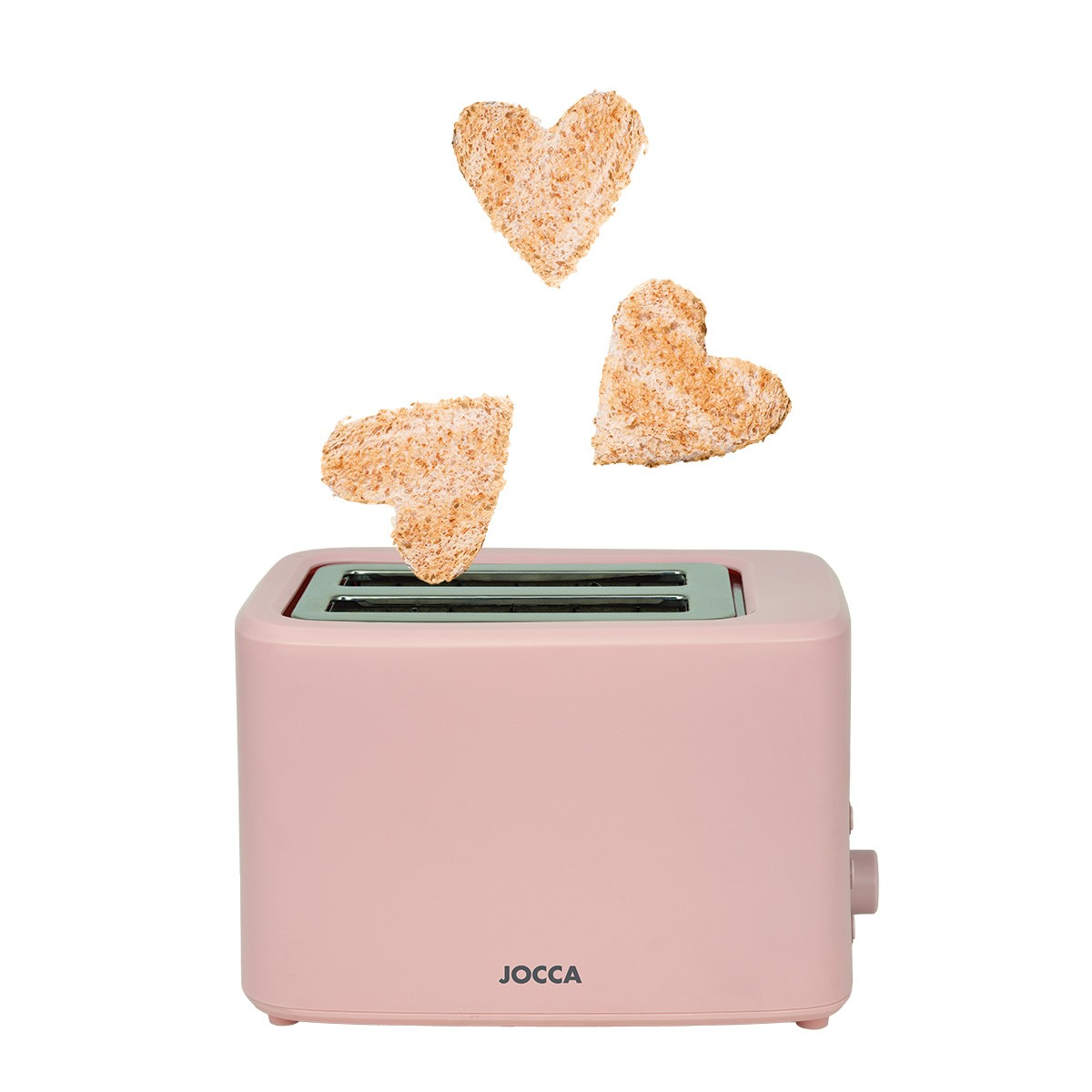 Ein rosa Toaster wirft drei herzförmige Toastbrotscheiben vor weißem Hintergrund aus.