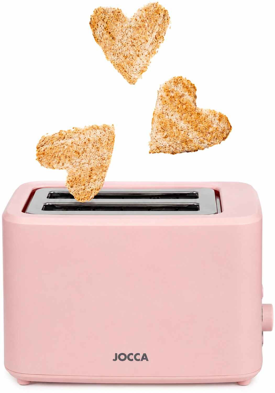 Ein rosafarbener Toaster wirft drei herzförmige Toastscheiben gegen einen weißen Hintergrund.