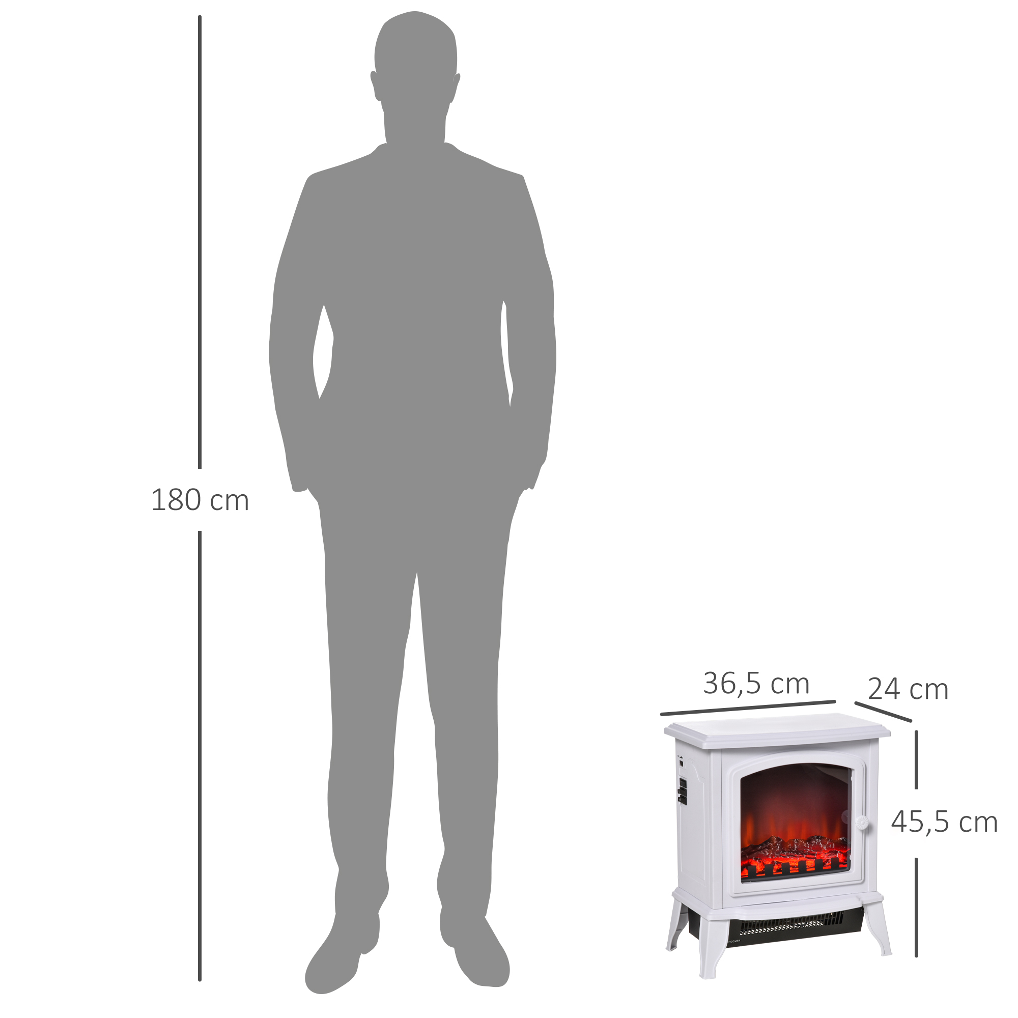 Una chimenea eléctrica blanca con dimensiones de alto, ancho y fondo, junto a una silueta humana de 180 cm.
