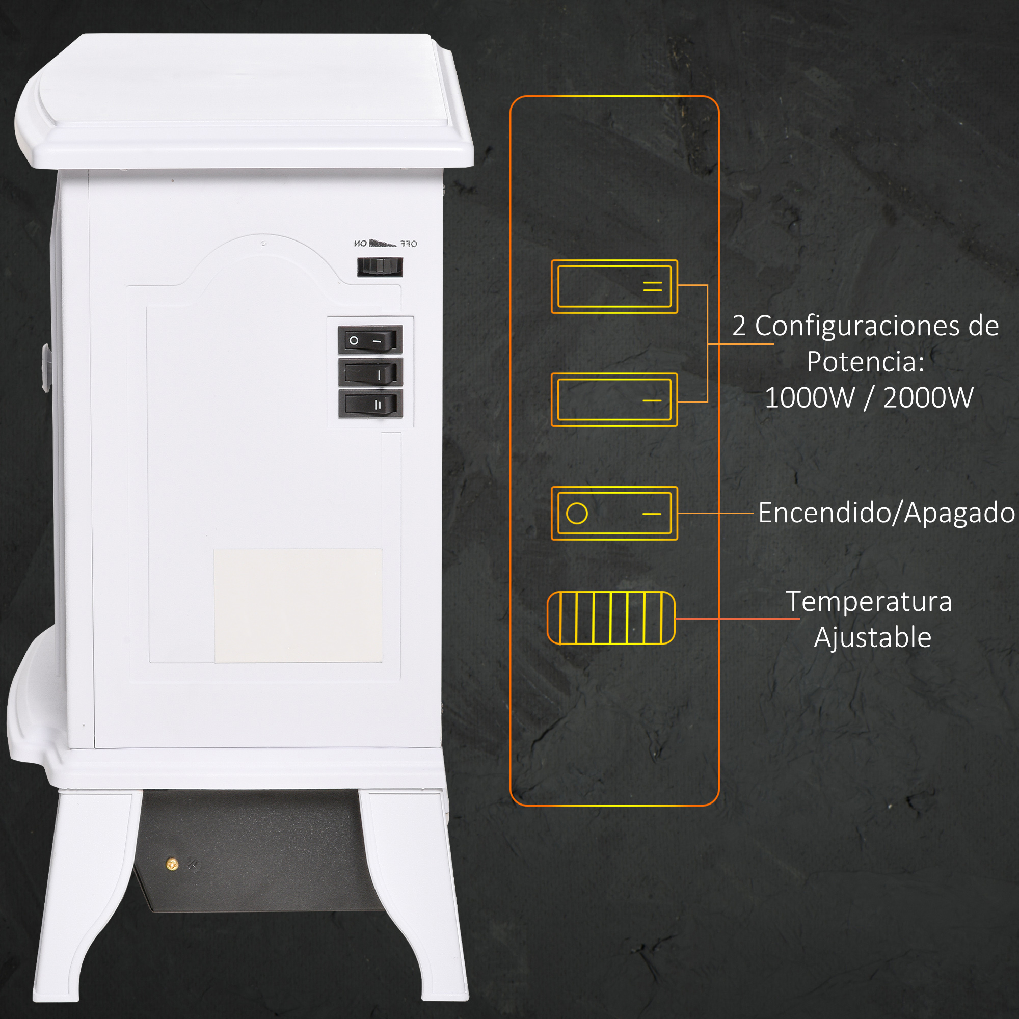Chimenea eléctrica blanca con interruptores de control, ajustes de potencia y temperatura ajustable sobre fondo oscuro.